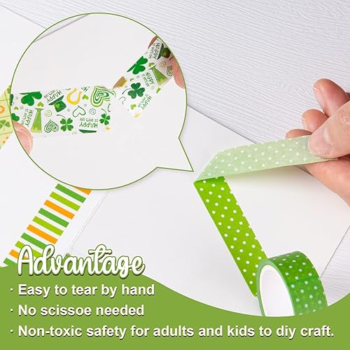 Miniatura 3 de Whaline 12 rollos de cinta washi del día de San Patricio, bandera irlandesa, cinta adhesiva Washi naranja y verde, patrón de trébol de la suerte,