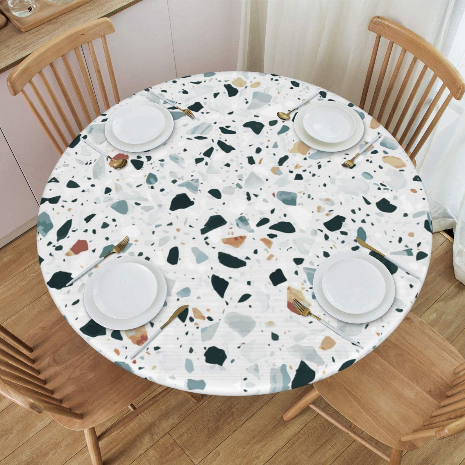 Fitted Table Covers For Round Tables, Terrazzo Marble Pastel Elastic Table Cloth 54"/138 Cm, Washable Wipeable Polyester Tablecloths For Kitchen Dining Party Holiday (Fit 45'' - 50'' Round Table)