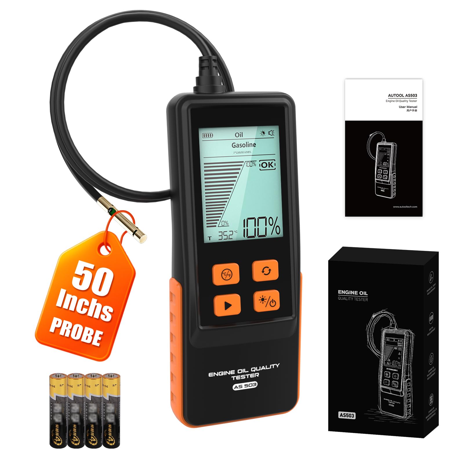 Probador de aceite de motor, probador de calidad de aceite de motor diésel y gasolina, sonda extendida de 50 pulgadas y respuesta rápida, analizador profesional de aceite de motor con pantalla LCD de