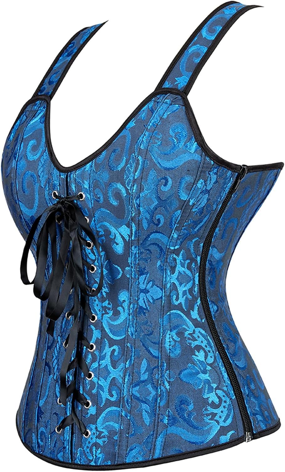 Women's Lace up Gothic Jacquard Shoulder Straps Tank Overbust Shaper Corset Bustiers Top: Medium Deep Blue 3