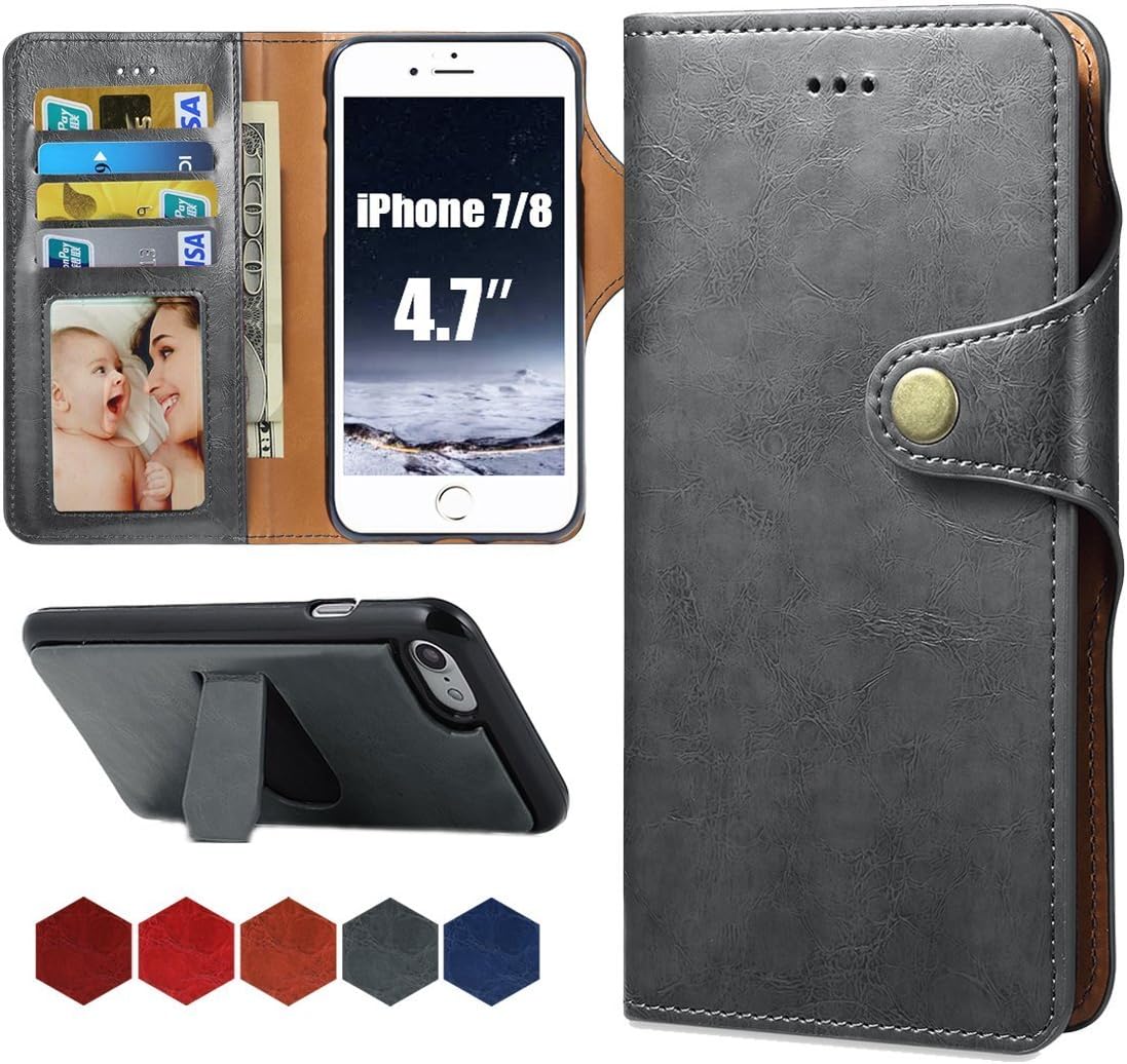 MAYISUMAI for iPhone 7 iPhone 8 Wallet Leather Case with Card Holder Folio Flip Cell Phone Protective Cover with Phone Stand Holder for Man and Women 4.7" (Gray)