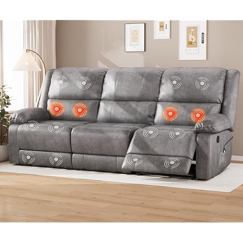 Reclining Sofa Couch with 8 Points Massage&Heat Function, Recliner Sofa 3-Seater Modern Manual Control Faux Leather RV Couch, Home Theater Seating with Side Pockets, Grey