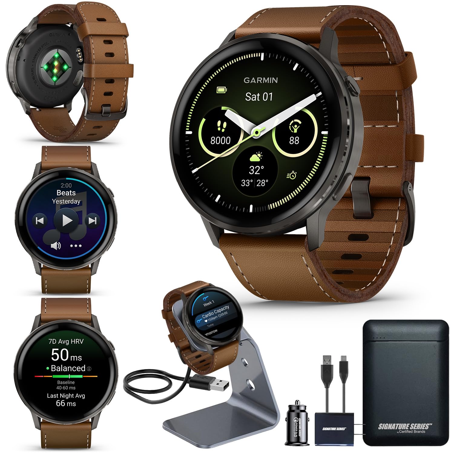 Garmin Venu 4, 45mm, Advanced Health & Fitness GPS Smartwatch, Bright & Colorful Display, Flashlight, 12 Days Battery Life | Silver with Citron Silicone Band, Signature Series Power Bundle