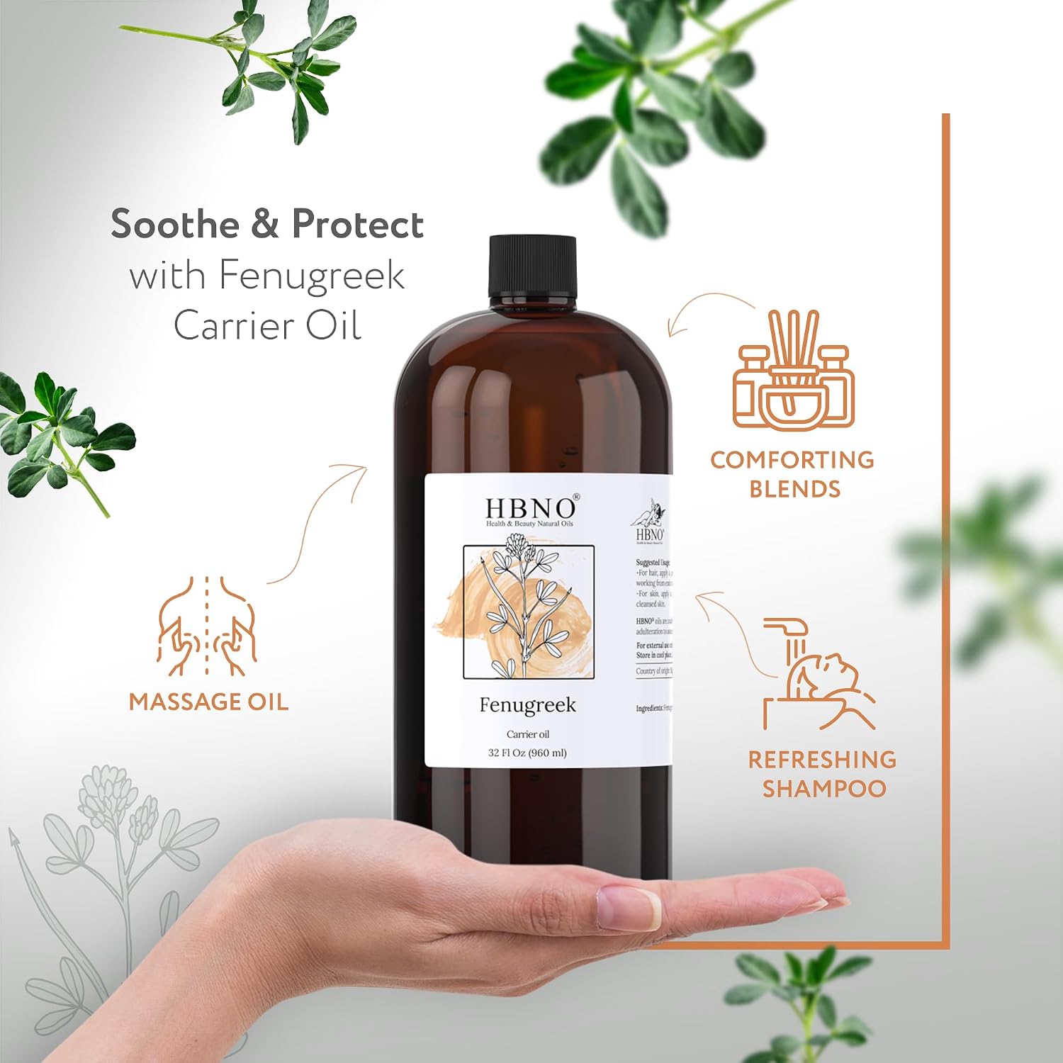 HBNO Fenugreek Oil - Huge 32 oz (960 ml) Value Size - Ideal for Shampoos, Soaps, Diffusers, Lotions, and Skin Care Products