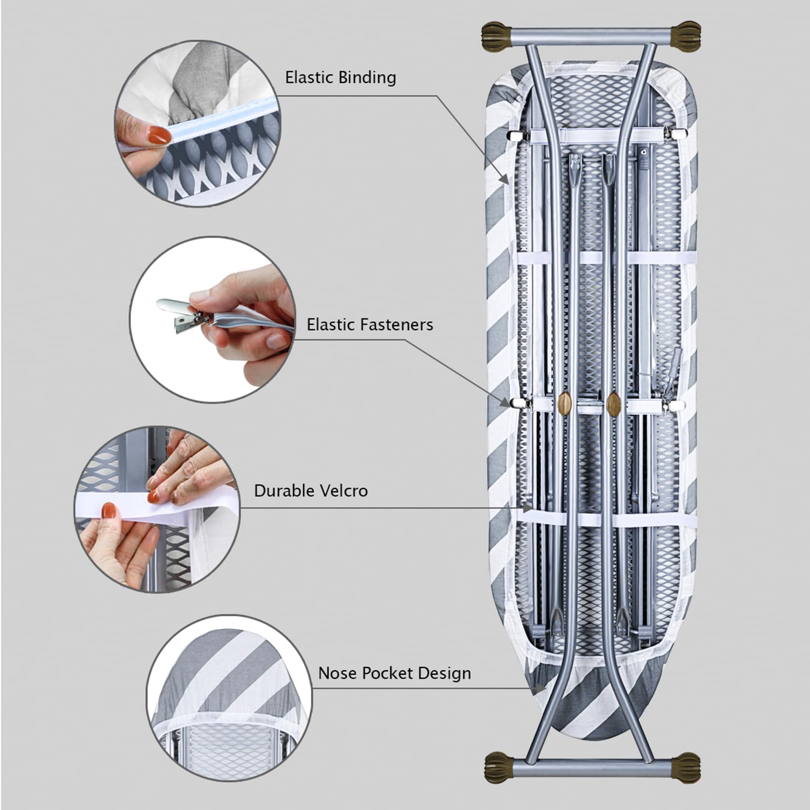 SheeChung Funda y Almohadilla para Tabla de Planchar de 42 x 12 Pulgadas, con Sistema de Ajuste elástico y 3 Correas de conexión, Cubierta recubierta de Silicona de 3 Capas de Alta Resistencia,
