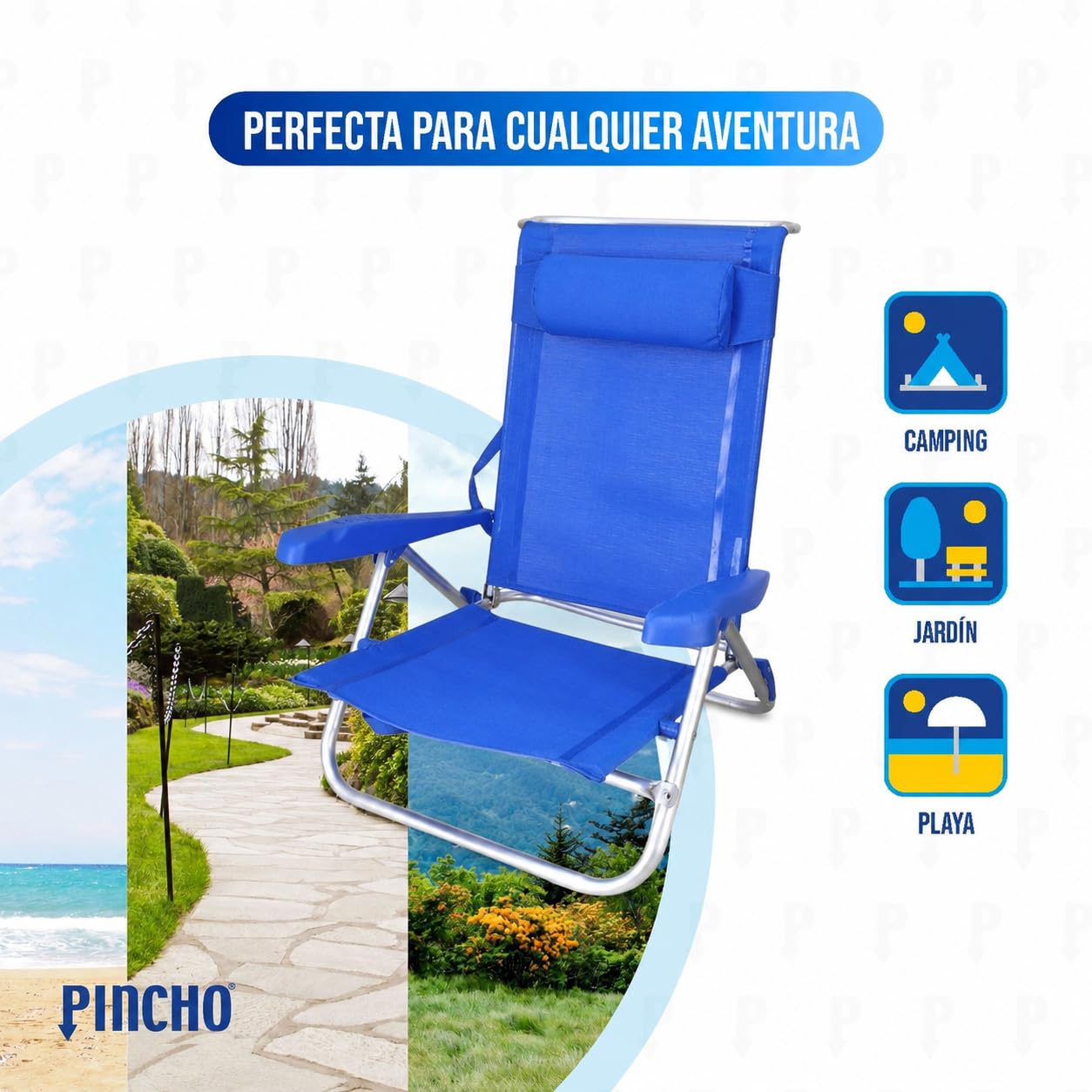 Pincho Silla Playa Plegable Ligera, Reclinable Azul con Cojin, Estructura Aluminio Resistente y Ligera, Asiento Bajo Comodo, Diseno Plegable con Reposabrazos – Ideal Verano y Jardin (2)