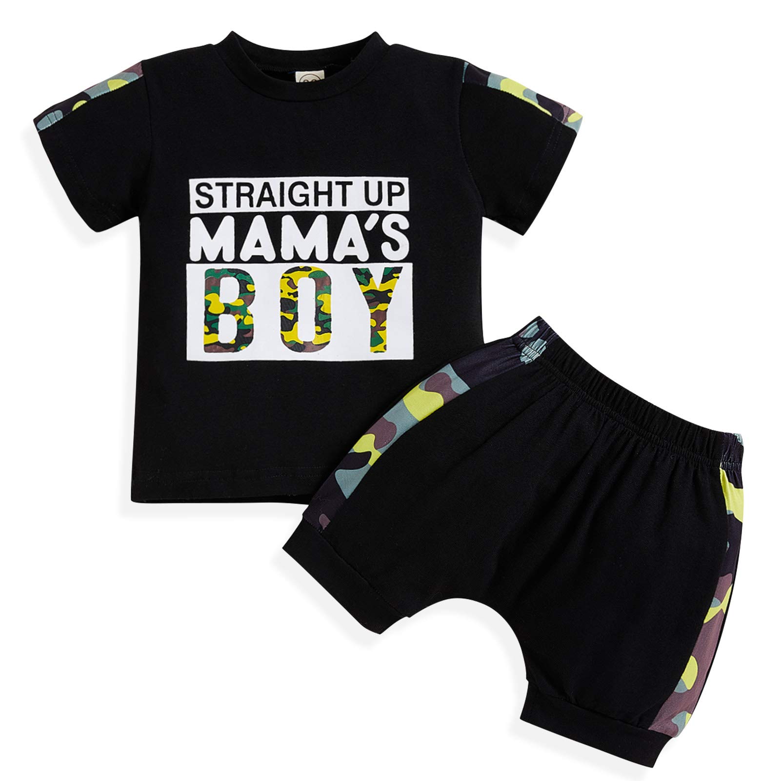 Baby Boys Summer Clothes Straight Up Mama's Boy T-Shirt+Camo Shorts 2Pcs Casual Outfits