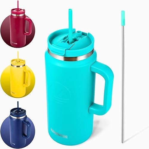 Miniatura 1 de Vaso de 64 onzas con asa y pajilla, botella de agua de medio galón, taza de viaje de acero inoxidable para bebidas calientes y frías, botella de
