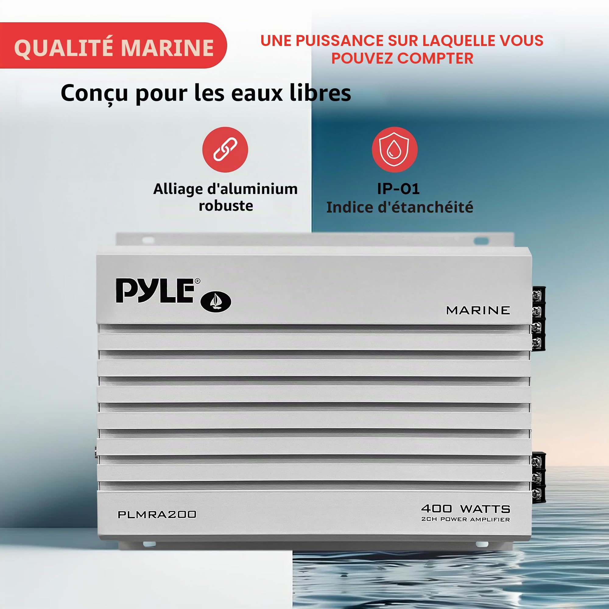 Amplificateur Pyle étanche avec 2 canaux et une puissance de 400 Watts. Idéal pour bateau, scooter de mer etc.
