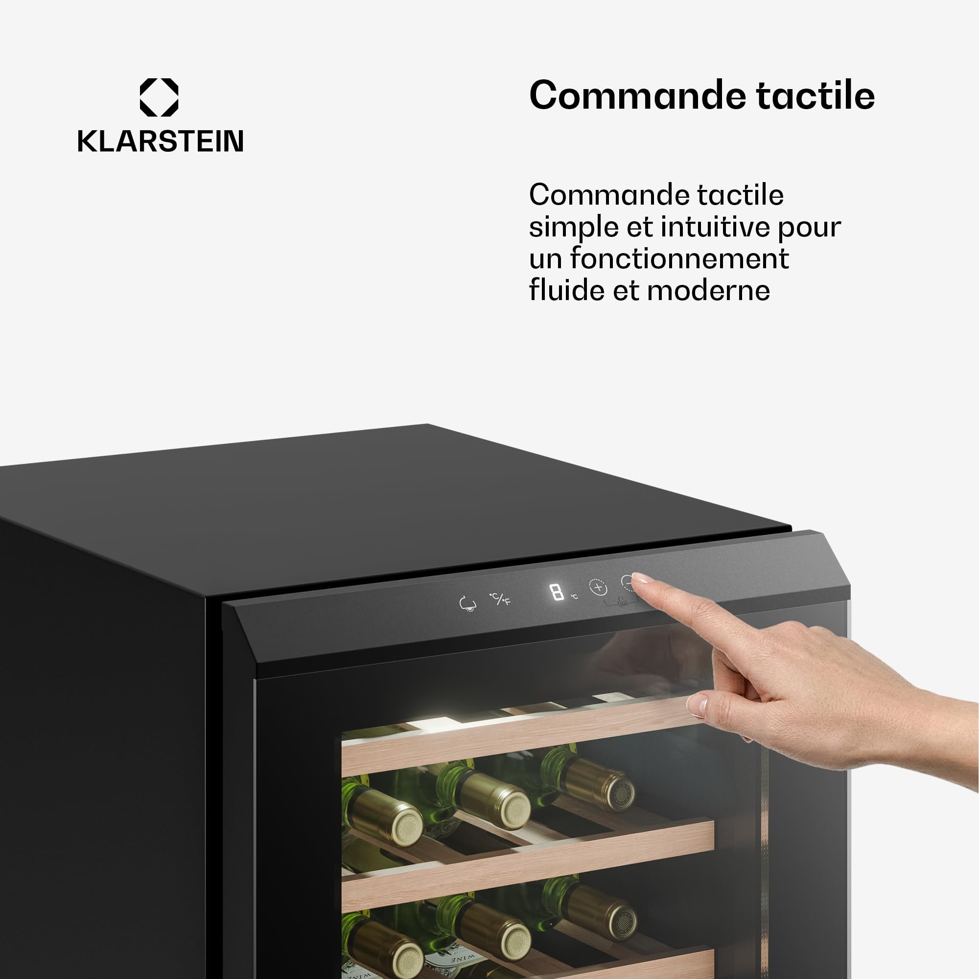 KLARSTEIN Bevora Réfrigérateur à vin 20 bouteilles – Cave à vin sur pied, commande tactile 4-18 °C, porte vitrée anti UV, éclairage LED, clayettes en bois