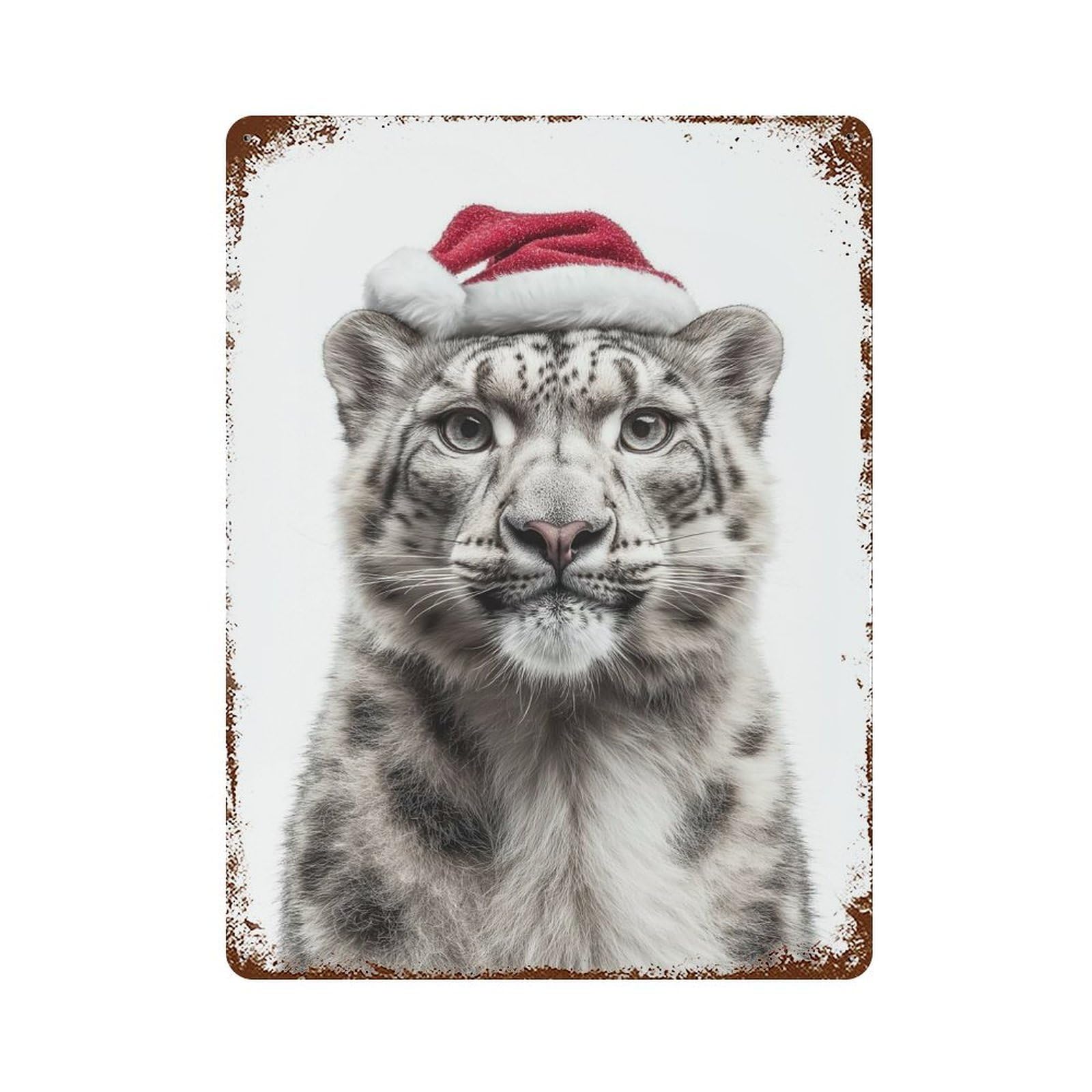 Christmas Snow Leopard with Santa Hat Decorative Tin Sign 15.7"x11.8", Retro Wall Decor for Living Room, Hallway And Home Decor