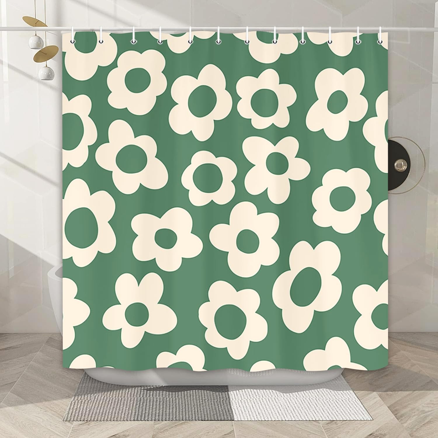 Boho Sage Green Daisy Flower Shower Curtain for Bathroom, Aesthetic 2000s 70s Retro Abstract Groovy Fun Bathroom Accessory Set, Modern Cute Geometric Minimalist Beige Teen Girl Bath Curtain, 69X75in