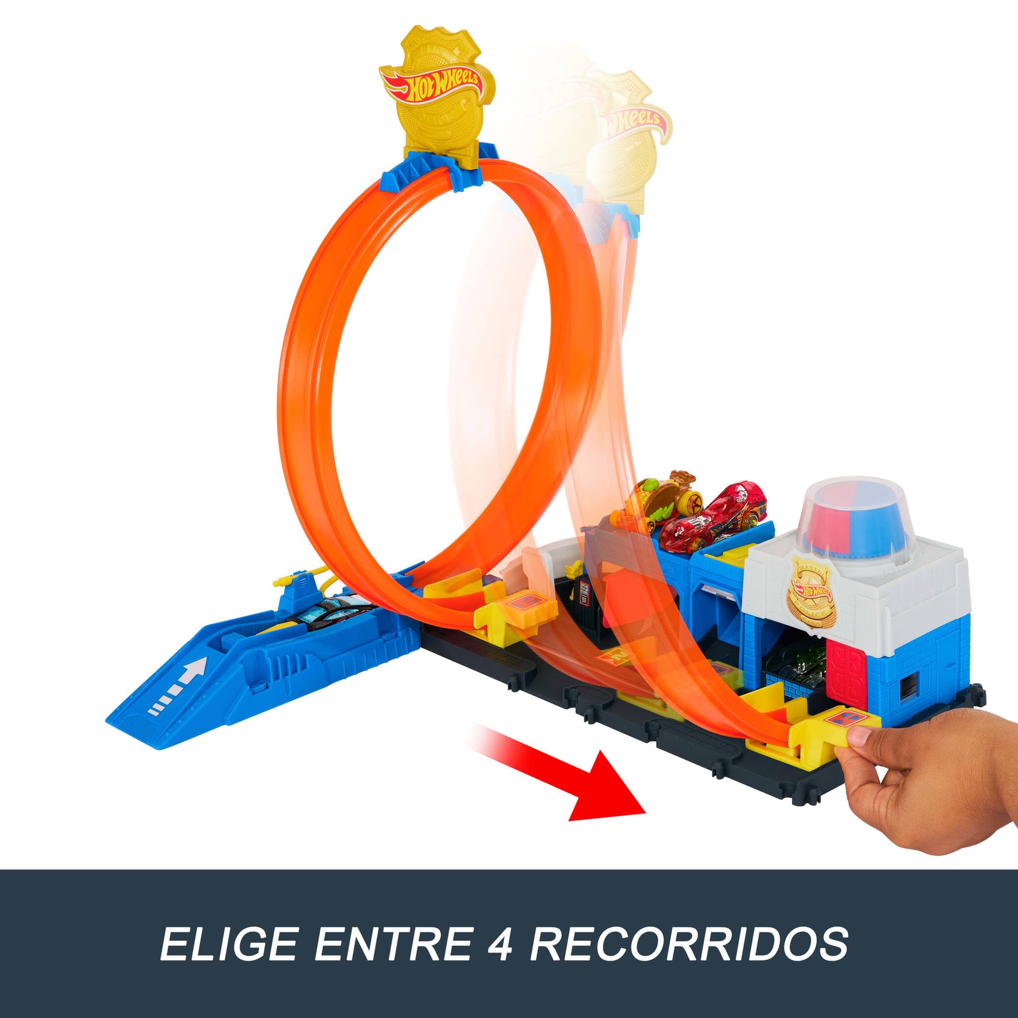 Hot Wheels Supercomisaría de policía Conjunto de pista, conjunto de juego con coche de juguete metálico a escala 1:64, looping regulable para hacer carreras y acrobacias de varias formas, JBM71