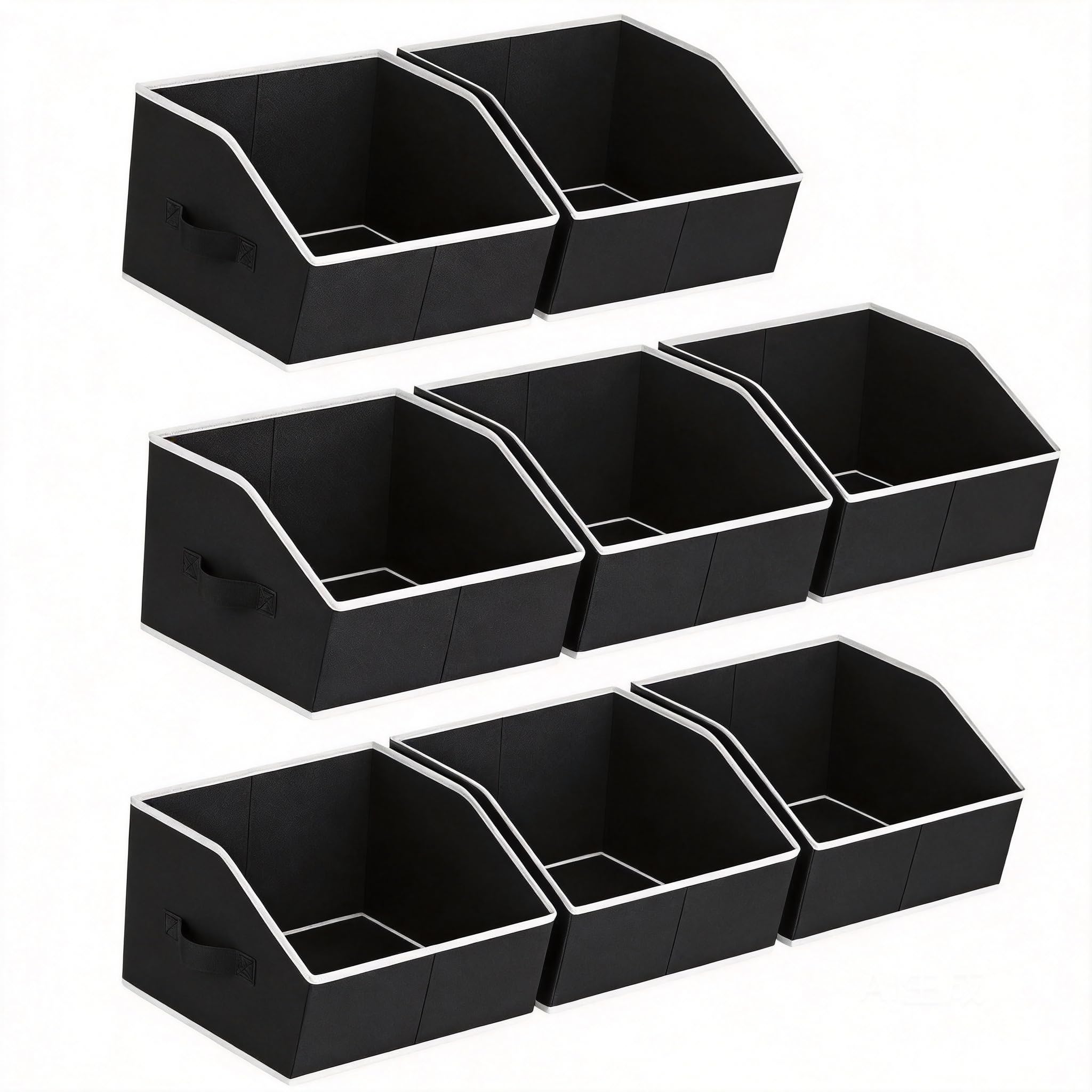 Homsorout Wardrobe Storage Organiser Boxes - 8 Pack Fabric Storage Boxes for Shelves, Foldable Trapezoid Bins with Handles, Open Front Cubes for Clothes, Clean Supplies, Accessories, Yarn, Black