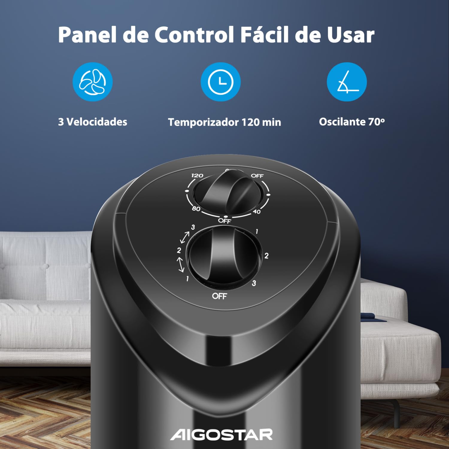 Aigostar Ventilador de Torre, Silencioso, 3 Velocidades, Oscilación de 70º, Temporizador 120 min, 81 cm de Alto, Diseño Compacto, Fácil Instalación, Ventilador de Pie Portátil 45W, Negro