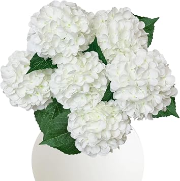 6PCS White Hydrangea Artificial Flowers, Bulk Silk Fake Flower with Stems