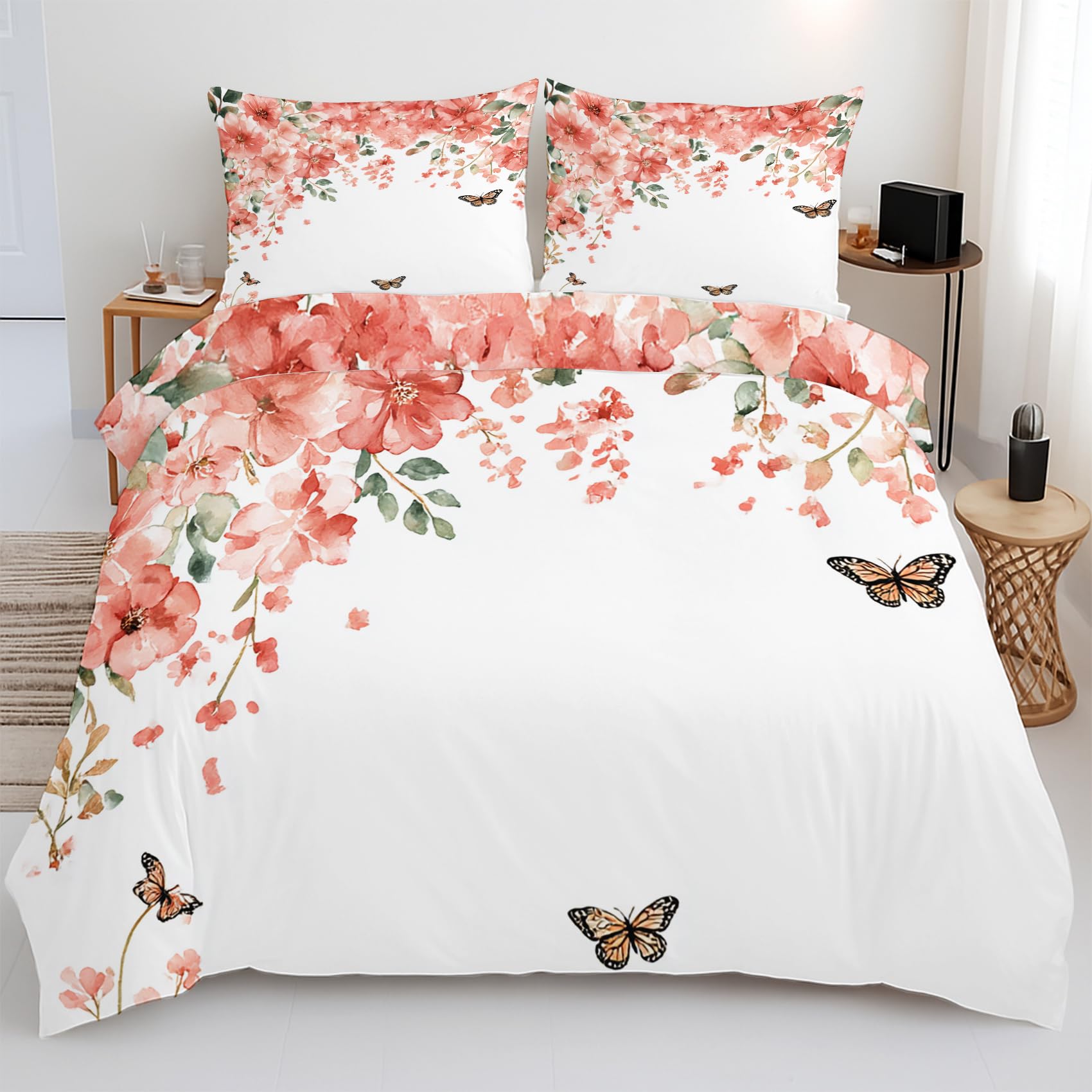 Housse de couette fleurs papillon 200x200 microfibre avec drap housse parure de lit complète