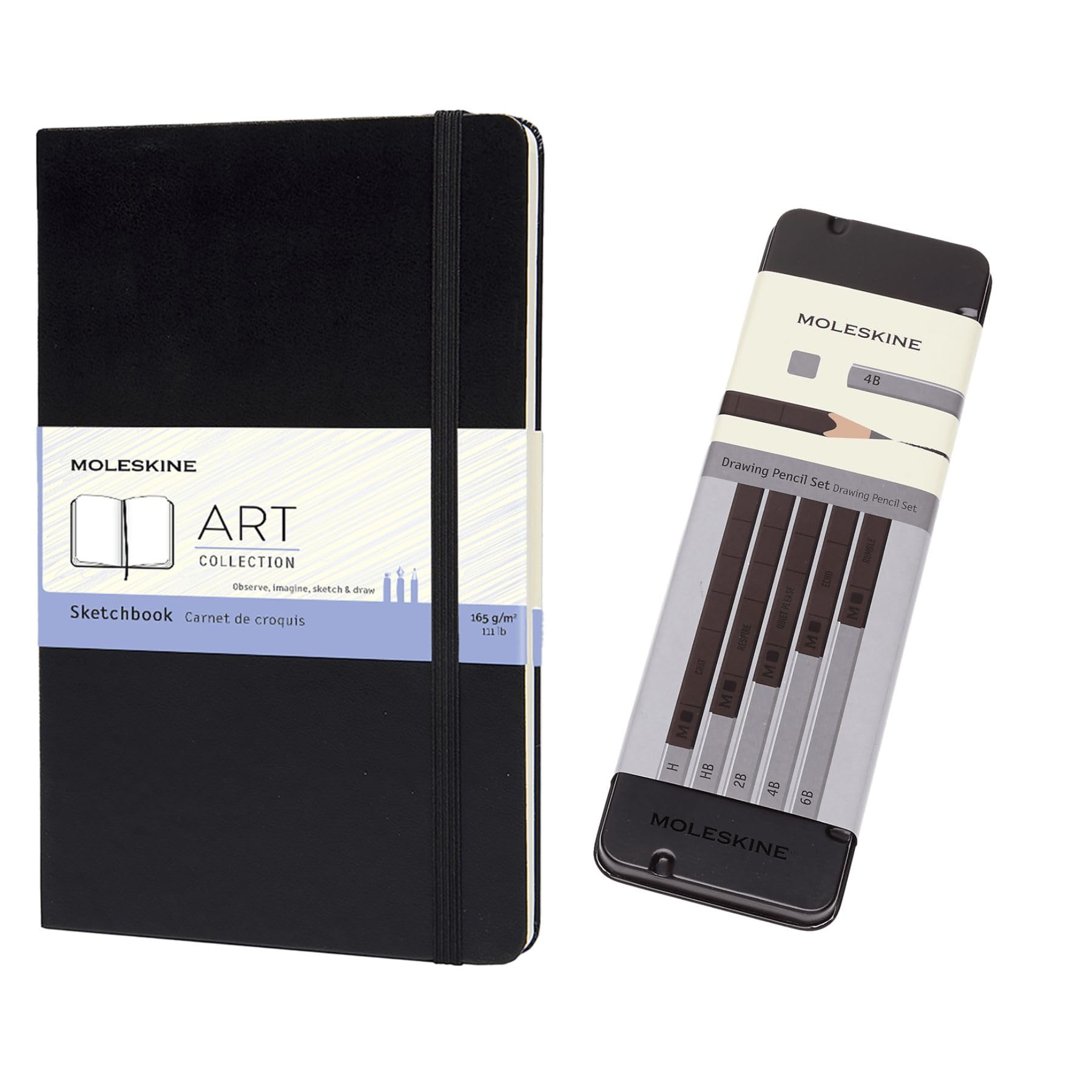 Moleskine Art Collection Sketchbook + Ensemble de Crayons à Dessin Moleskine, Carnet de Dessin Avec Couverture Rigide Noire Format Large 13x21cm, 5 Crayons à Dessin en Graphite