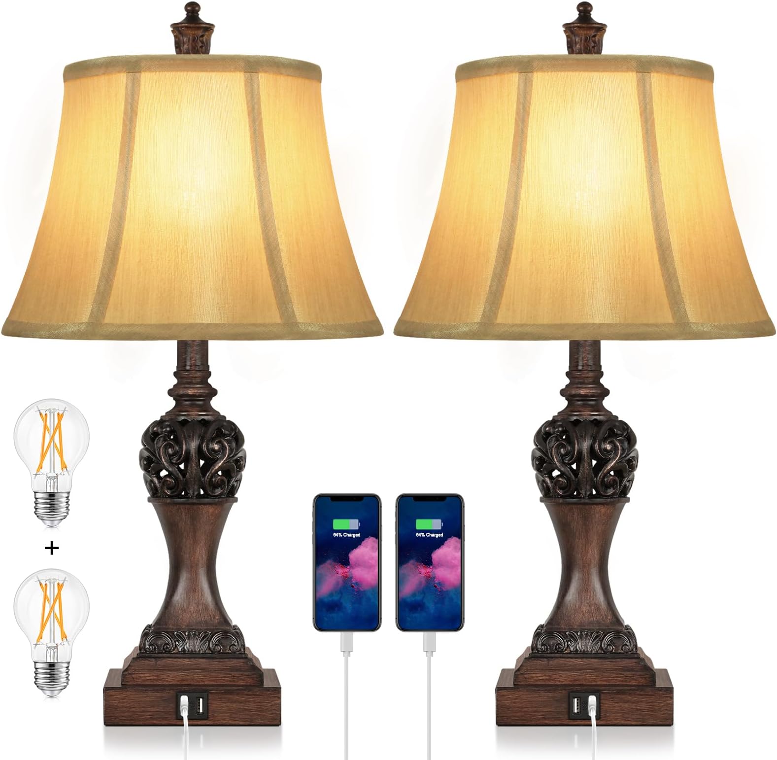 Set of 2 Touch Control 3-Way Dimmable Table Lamps with 2 USB Charging Ports Traditional Bedside Lamps with Bell Shape Faux Silk Shade & Brown Base for Bedroom Nightstand Living Room LED Bulbs Included