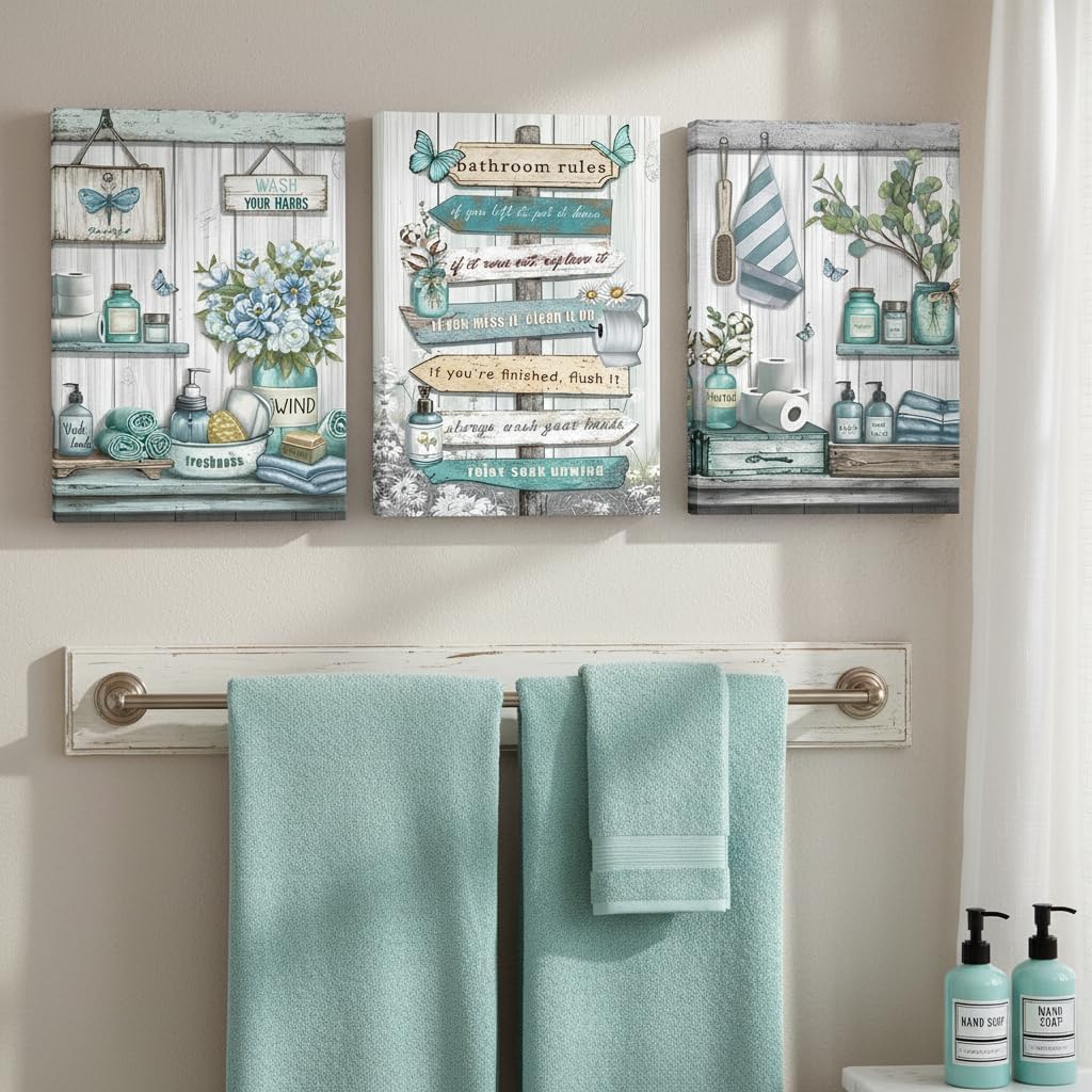 OuElegent Teal Bathroom Wall Art Canvas Farmhouse Wall Decor Rustic Bathroom Rules Paintings Turquoise Pictures for Washroom Wall Decor Framed (12''x16''x3pcs)