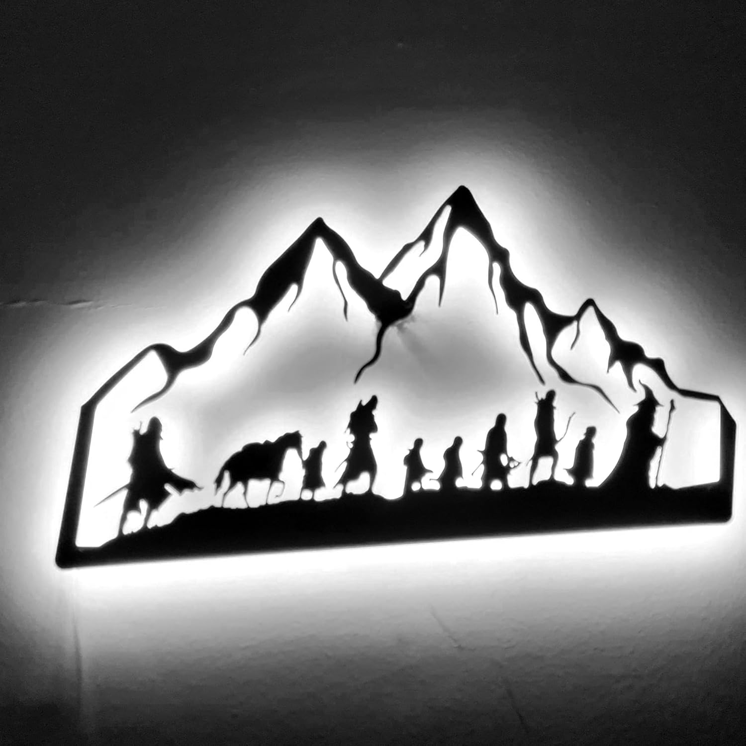Lord of the Rings Handmade Metal Wall Art with LED Backlight – Fantasy Mountain Silhouette with Adventurers – Black Steel Wall Decor, LOTR Gift - Movie Room Art (20x11 Inch / 50x28cm)