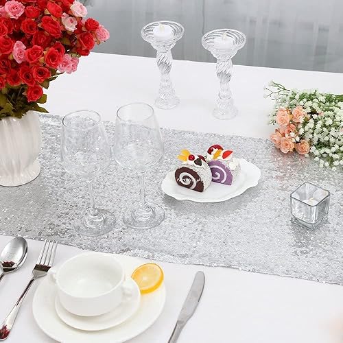 Miniatura 3 de Poise3EHome Camino de mesa de boda con lentejuelas brillantes para decoración de mesa de baby shower (12 x 108 2 piezas, plateado)