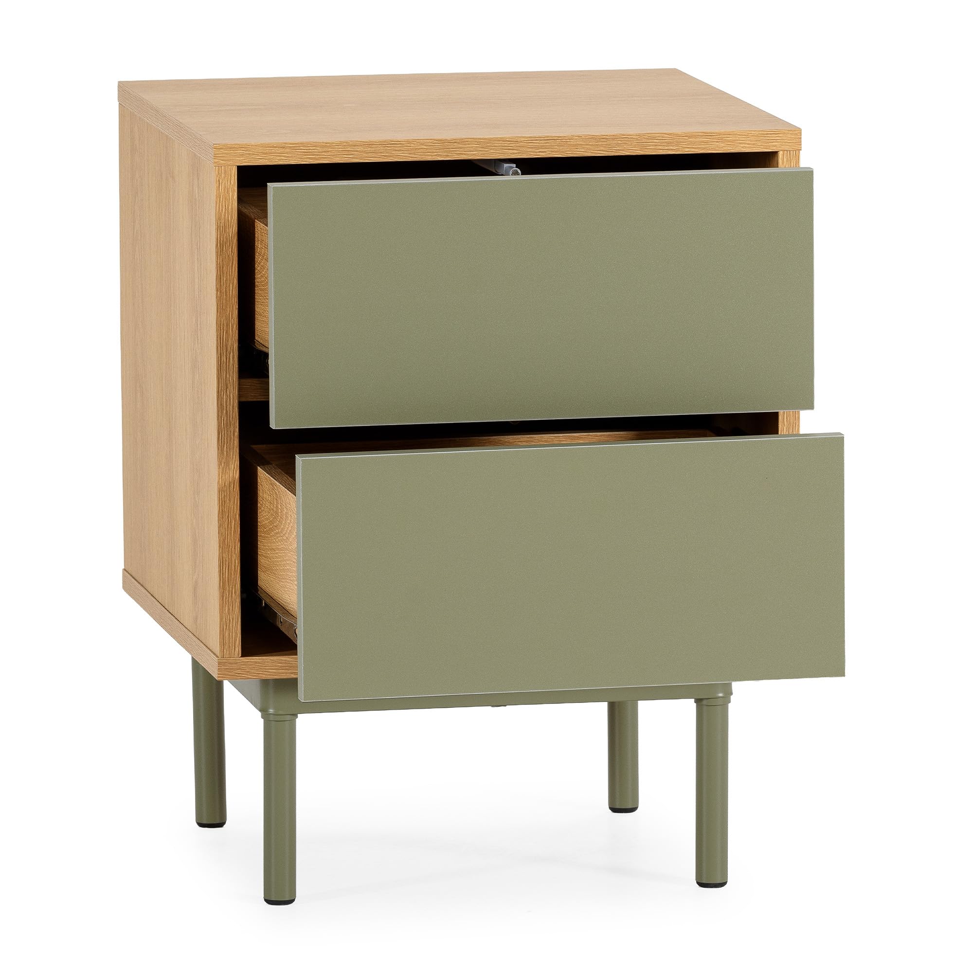 HOMN LIVING Mesita de Noche Cuzco 2 cajones Color Roble/Verde, 40 cm (Ancho) 40 cm (Profundo) 52 cm (Altura)