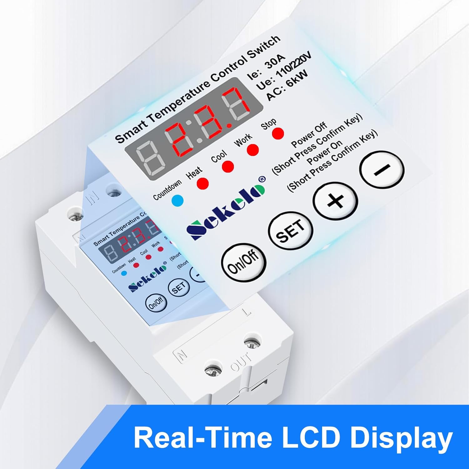 Close-up of the Sekelo Temperature Control Switch LCD display and buttons