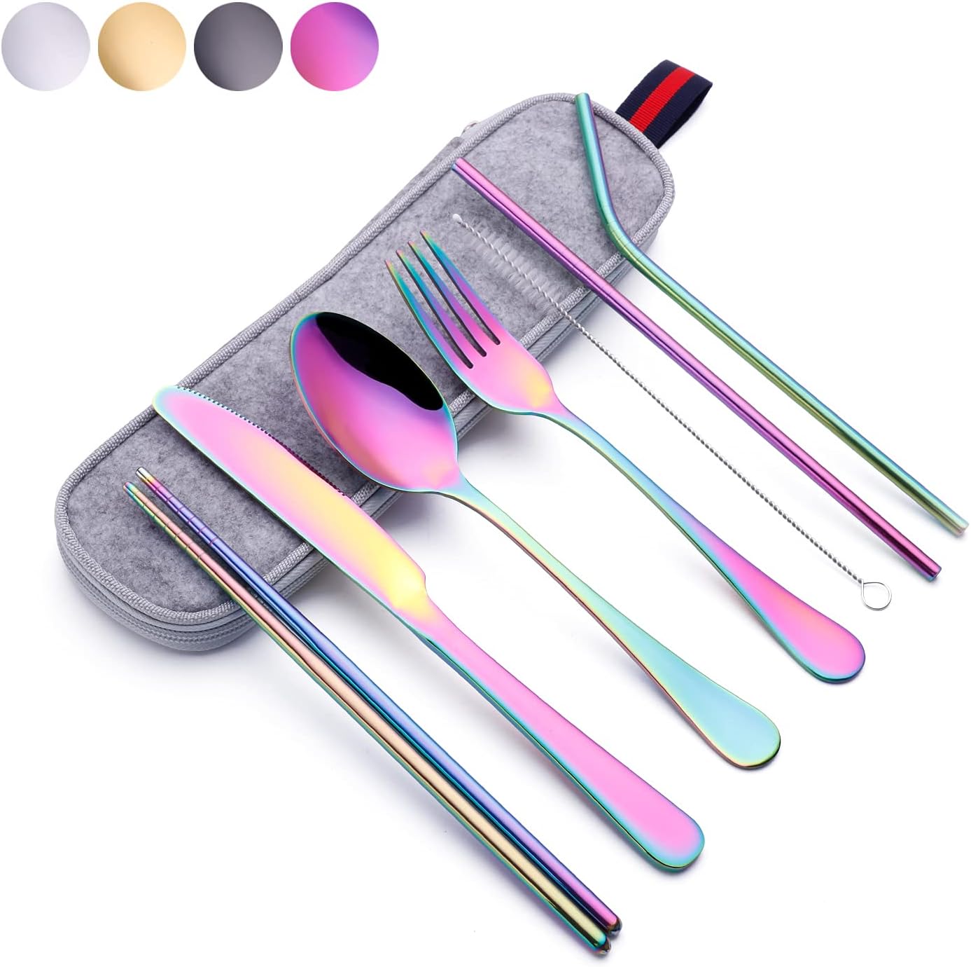 Kitiok Reusable Travel Utensil Set With Case (Rainbow), Travel Cutlery Set, Portable Camping Silverware Set, Portable Stainless Steel Flatware Set 8-Piece, Dishwasher-Safe