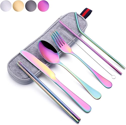 Miniatura 8 de Juego de utensilios de viaje reutilizables con estuche (dorado), juego de cubiertos de viaje, juego de cubiertos portátil de acero inoxidable de 8