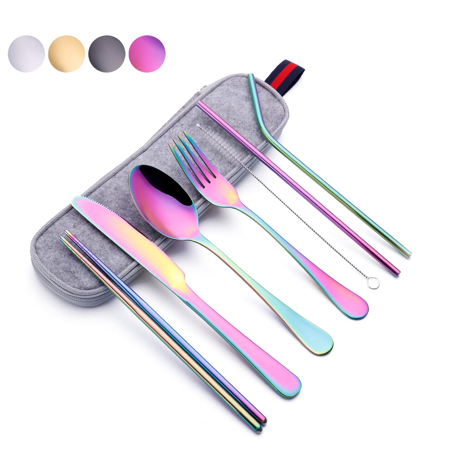 Kitiok Reusable Travel Utensil Set With Case (Rainbow), Travel Cutlery Set, Portable Camping Silverware Set, Portable Stainless Steel Flatware Set 8-Piece, Dishwasher-Safe