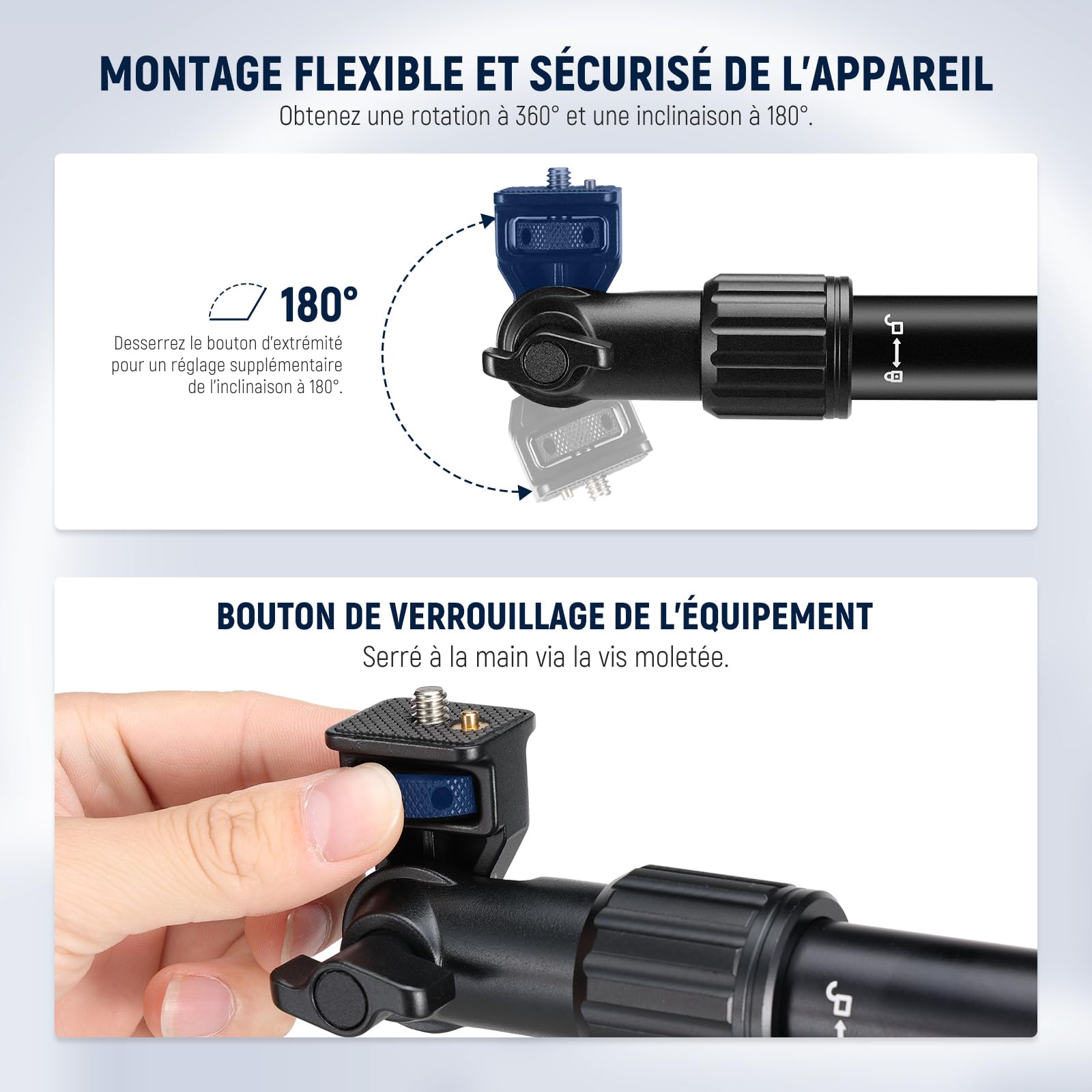 NEEWER Bras de Support de Caméra Aérien 56 cm 180° 360° Flexible 2 Sections pour Bureau Tube 2,2-2,8 cm Charge 2,5 kg