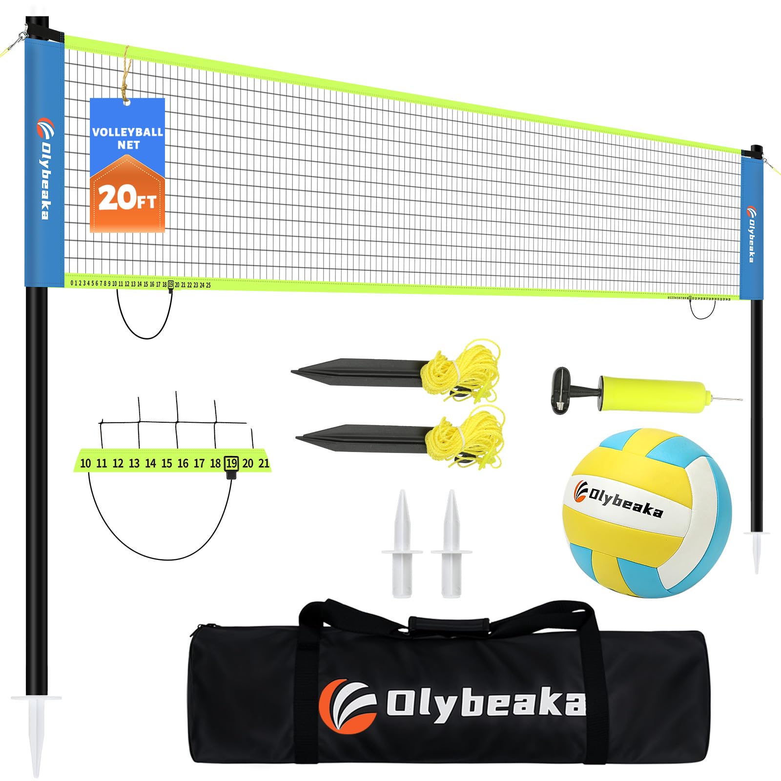 Photo 1 of Portable Outdoor Volleyball Net Set for Backyard Beach with Adjustable Poles, Soft PU Volleyball & Pump, Carry Bag and Durable Anti-Sagging Net (Blue and Green, 20ft)