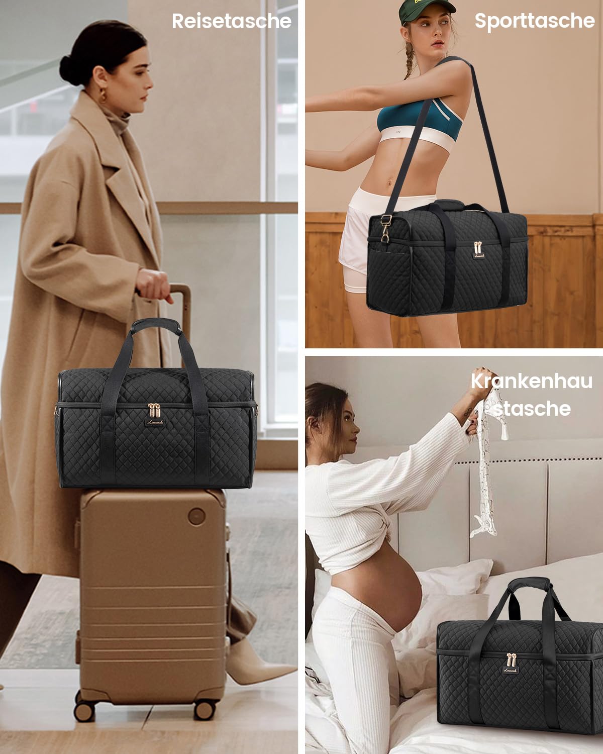 LOVEVOOK Reisetasche Damen, Große Öffnung Weekender Handgepäck Tasche Groß Travel Duffle Bag, Wasserdicht Kliniktasche Geburt Krankenhaustasche Sporttasche für Flugzeug Reise Sport Gym, Schwarz