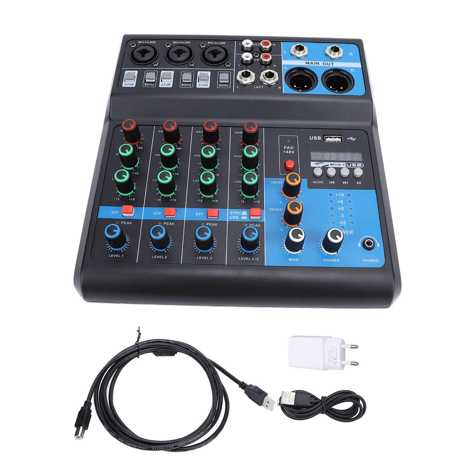 Eujgoov DJ Mixer Sound Mixer 5-Kanal mit Mehrzweck Nutzung Vielseitiger 5-Kanal-Sound-Mixer (EU-Stecker)