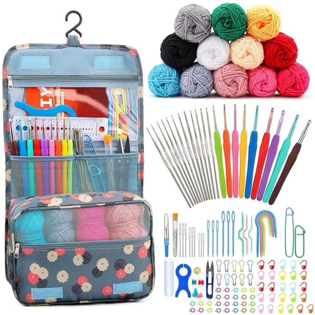 STITCHI 120PCS Crochet Kit for Beginners Adults, Upgraded Hanging Crochet Set with Crochet Yarn for Crocheting, Ergonomic Soft Grip & Knitting Crochet Starter Kit for Knitting Craft, Green-image-29