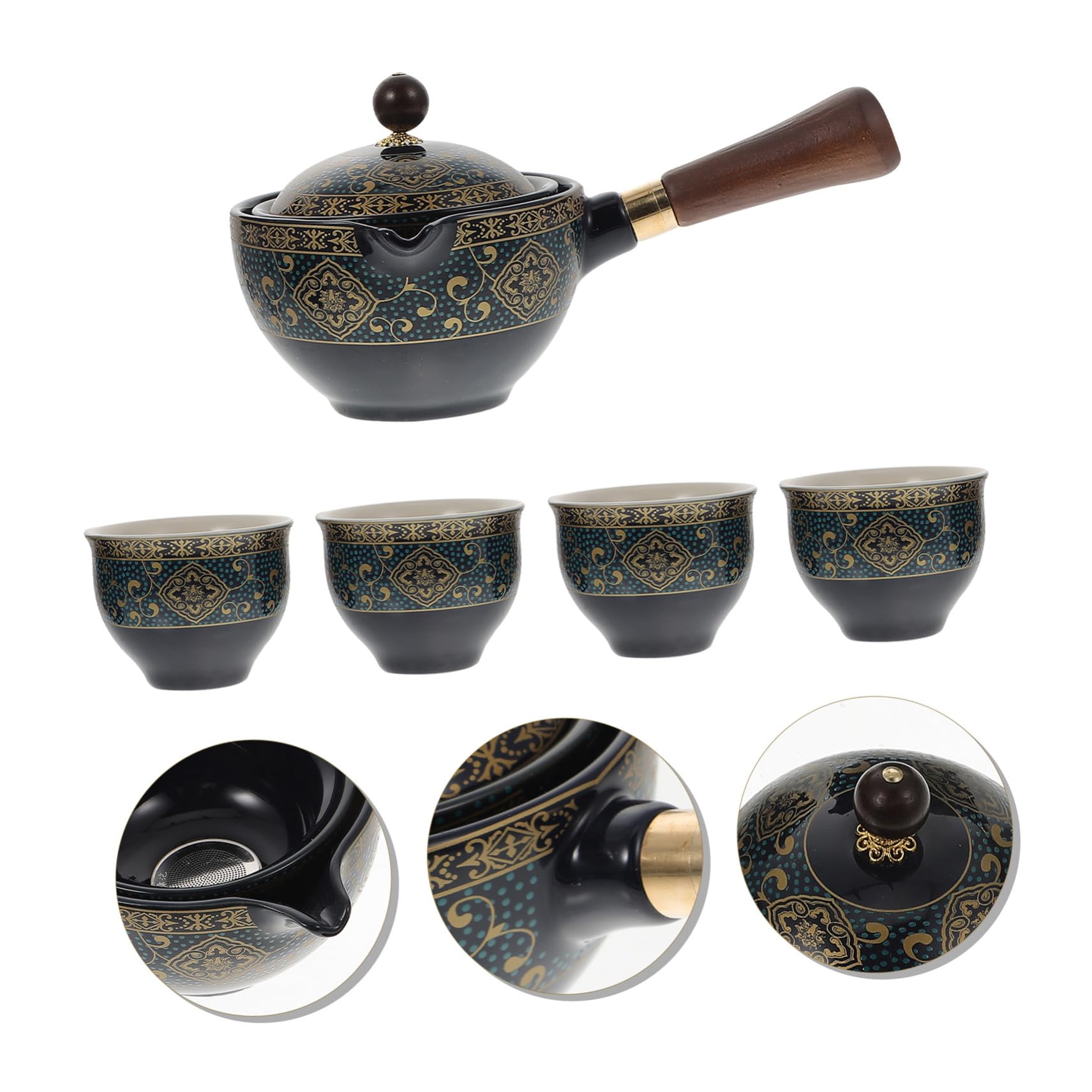Homoyoyo Tetera Doméstica Giratoria Cerámica 360° Filtro y Asa Lateral Azul Elegante para Infusión de Té en Casa Juego de 1 Tetera y 4 Tazas para Té Tradicional