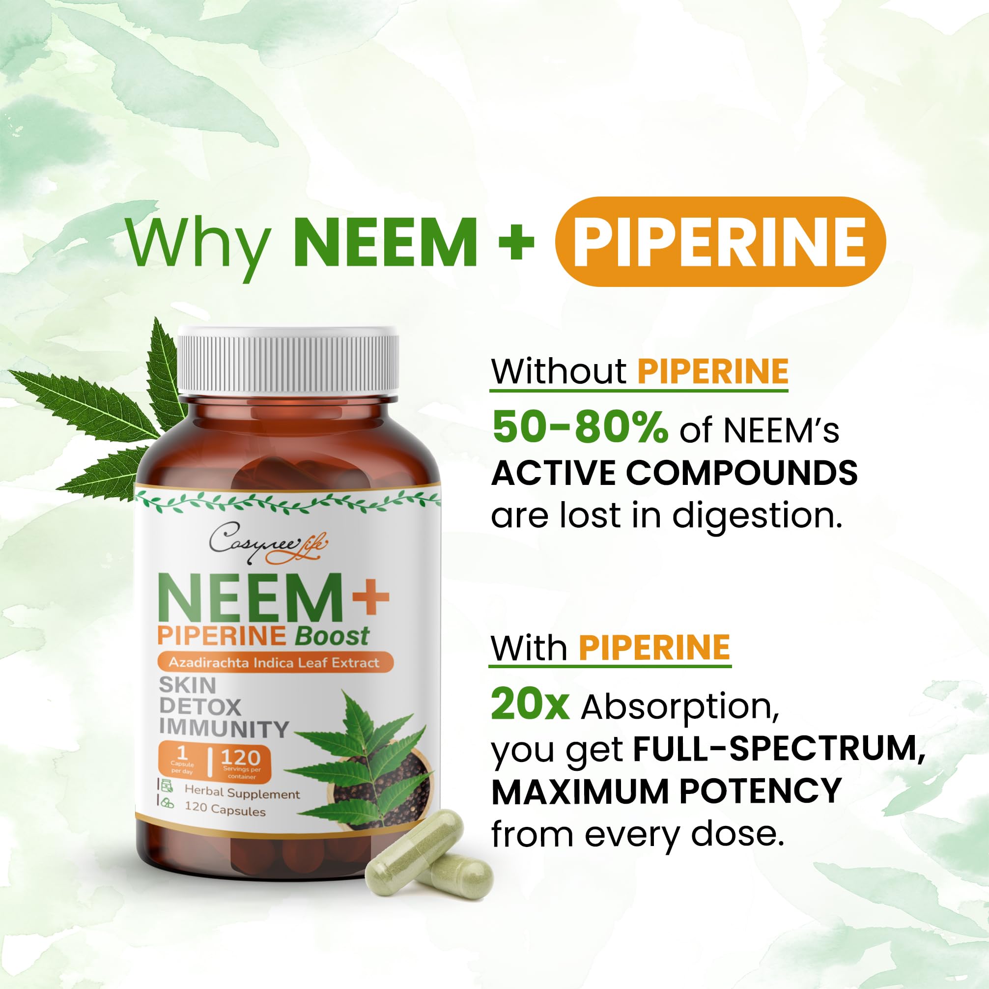 Neem Leaf Extract + Piperine 300mg, 120 Caps — Amazon image 2