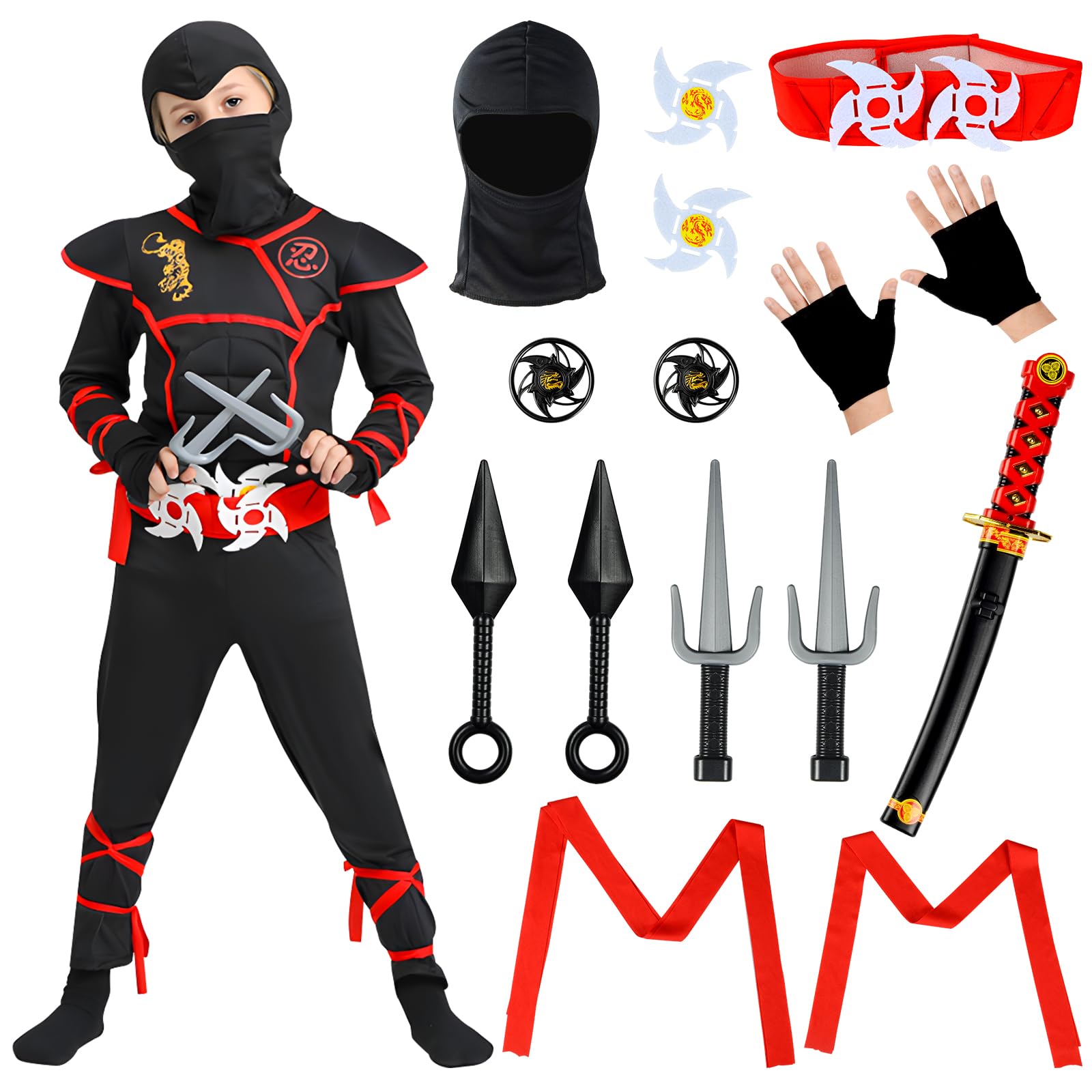 Child Ninja Costume, 18 Pieces Costume Set for Children with Ninja Clothes and Ninja Accessories, Ninja Monkey Costume for Carnival, Halloween, Cosplay, Ninja Game for Boys and Girls