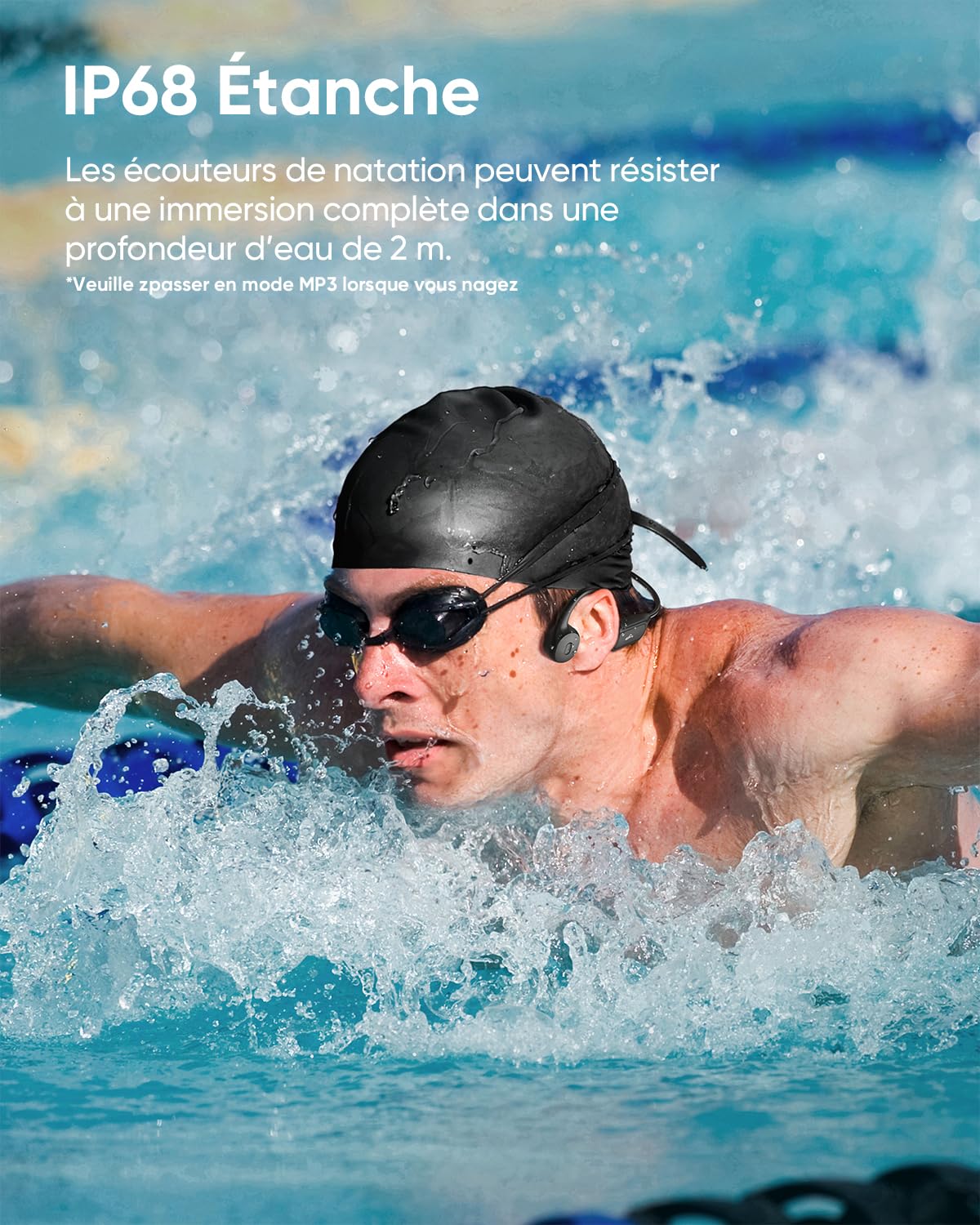 Guudsoud Casque Conduction Osseuse,Écouteur Natation À Bluetooth 6.1,Ecouteur IP68 Waterproof Natation,Lecteur MP3 avec mémoire intégrée de 32 Go,Écouteur Natation pour Course à Pied,Cyclisme - Noir