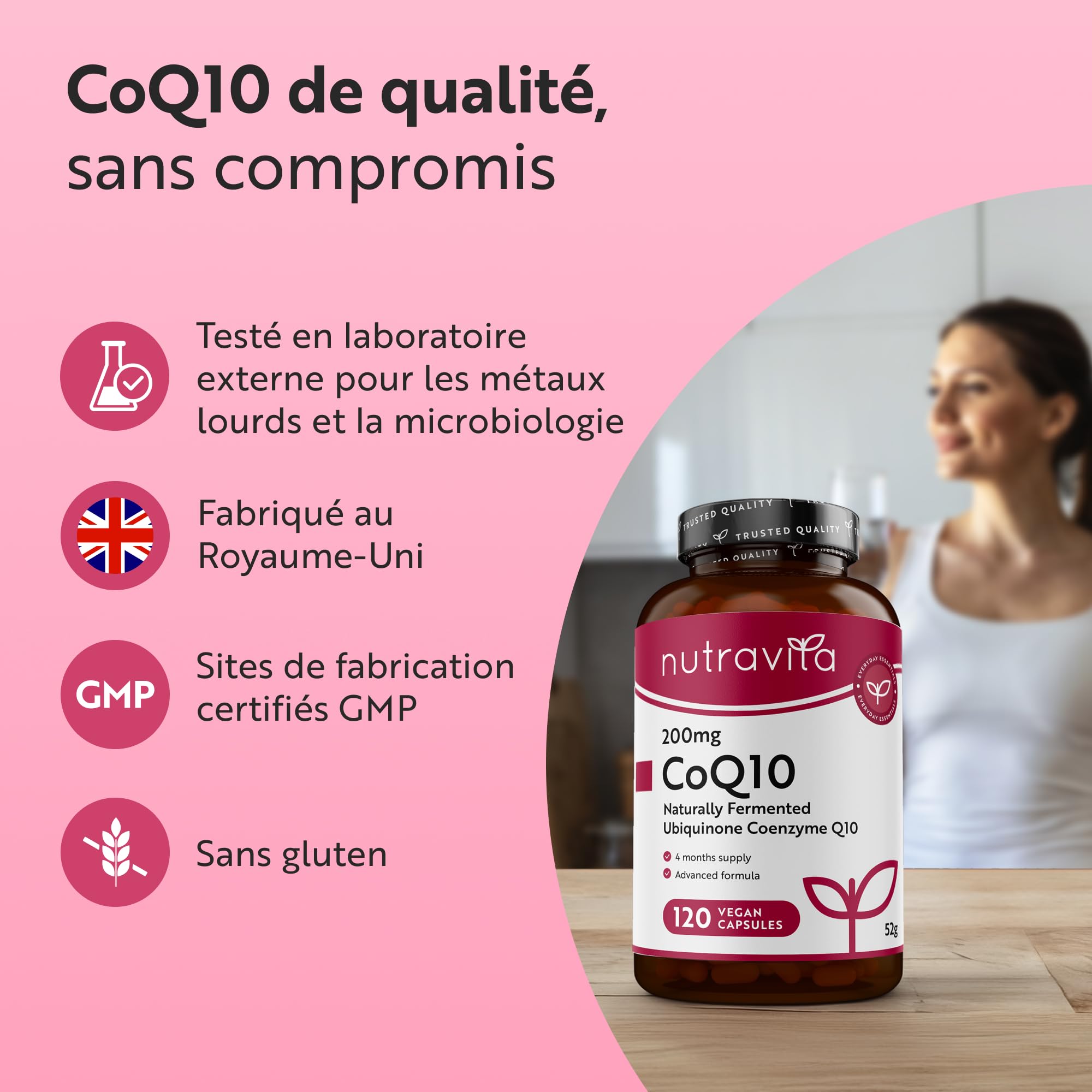 Nutravita Coenzyme Q10 200mg par Capsule - Cure de 4 Mois, 120 Capsules Vegan Fortement Concentré - Coq10 - Q10 Coenzyme