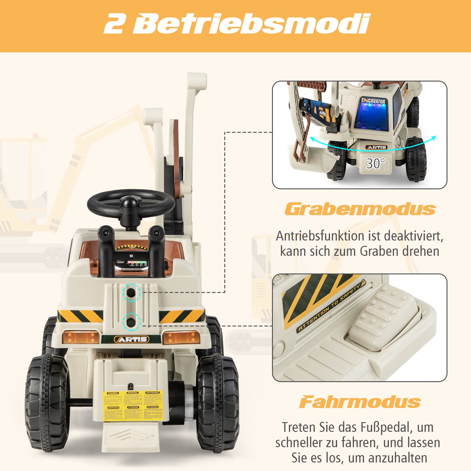 COSTWAY Koparka do siedzenia dla dzieci 6 V z obrotową i regulowaną łopatą, elektryczna koparka dla dzieci ze światłami LED, muzyką, klaksonem i miejscem do przechowywania pod siedzeniem, koparka dla