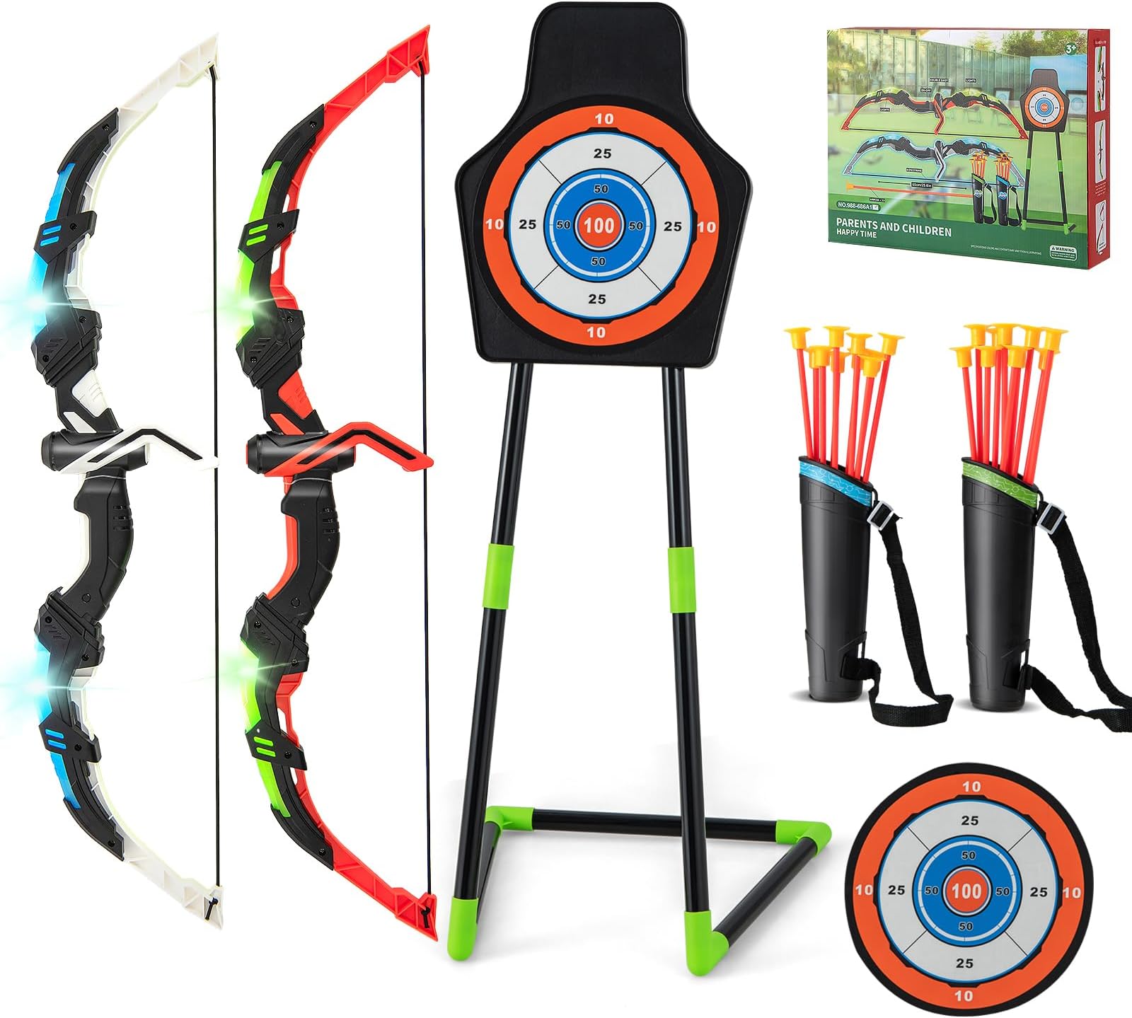 COSTWAY 2 Pack Bow and Arrow Set for Kids, LED Light Up Archery Toy Set with 20 Suction Arrows, 2 Quivers & Detachable Standing Target, Indoor & Outdoor Sport Toy Gift for Boys Girls Ages 3+