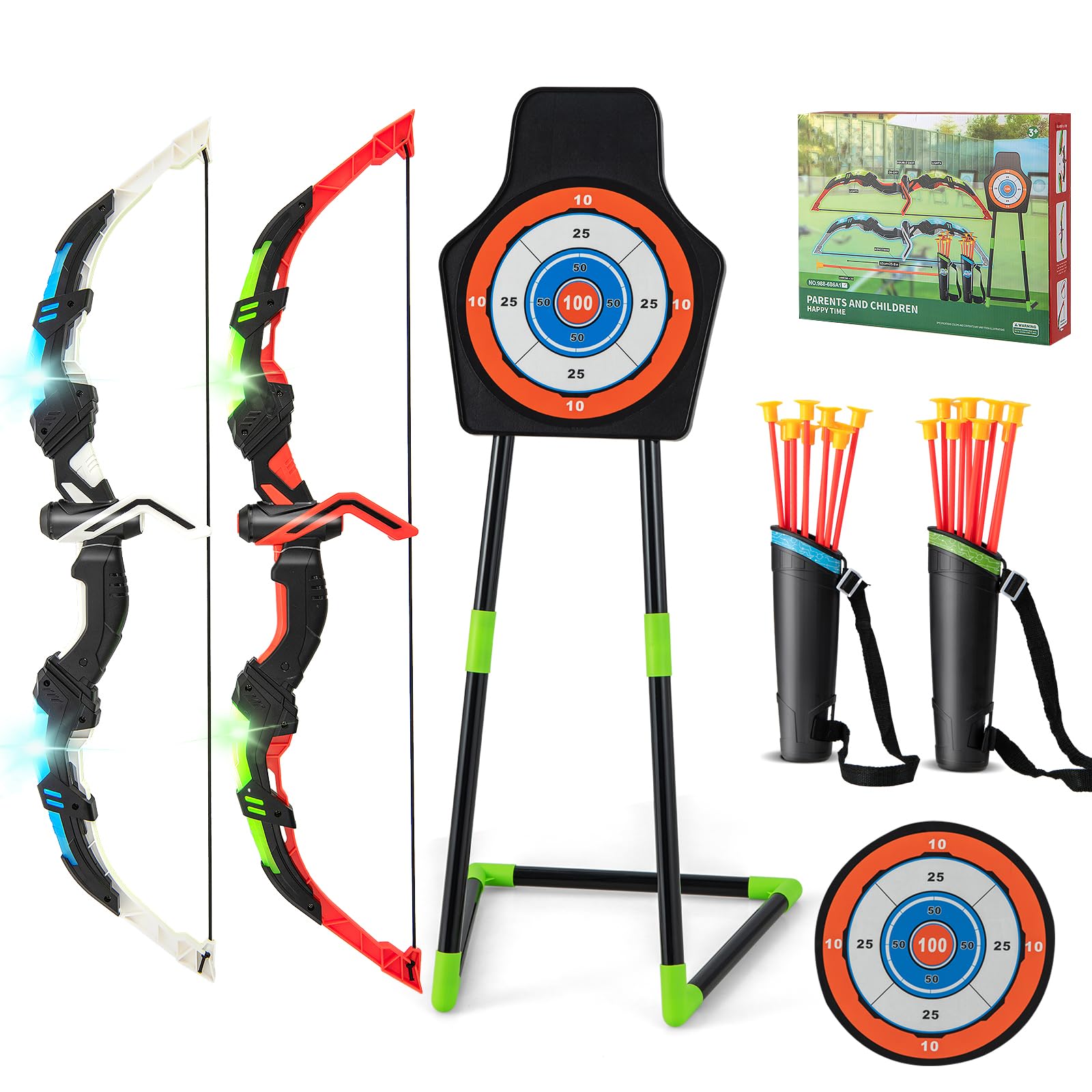 2 Pack Bow and Arrow Set for Kids, LED Light Up Archery Toy Set with 20 Suction Arrows, 2 Quivers & Detachable Standing Target, Indoor & Outdoor Sport Toy Gift for Boys Girls Ages 3+