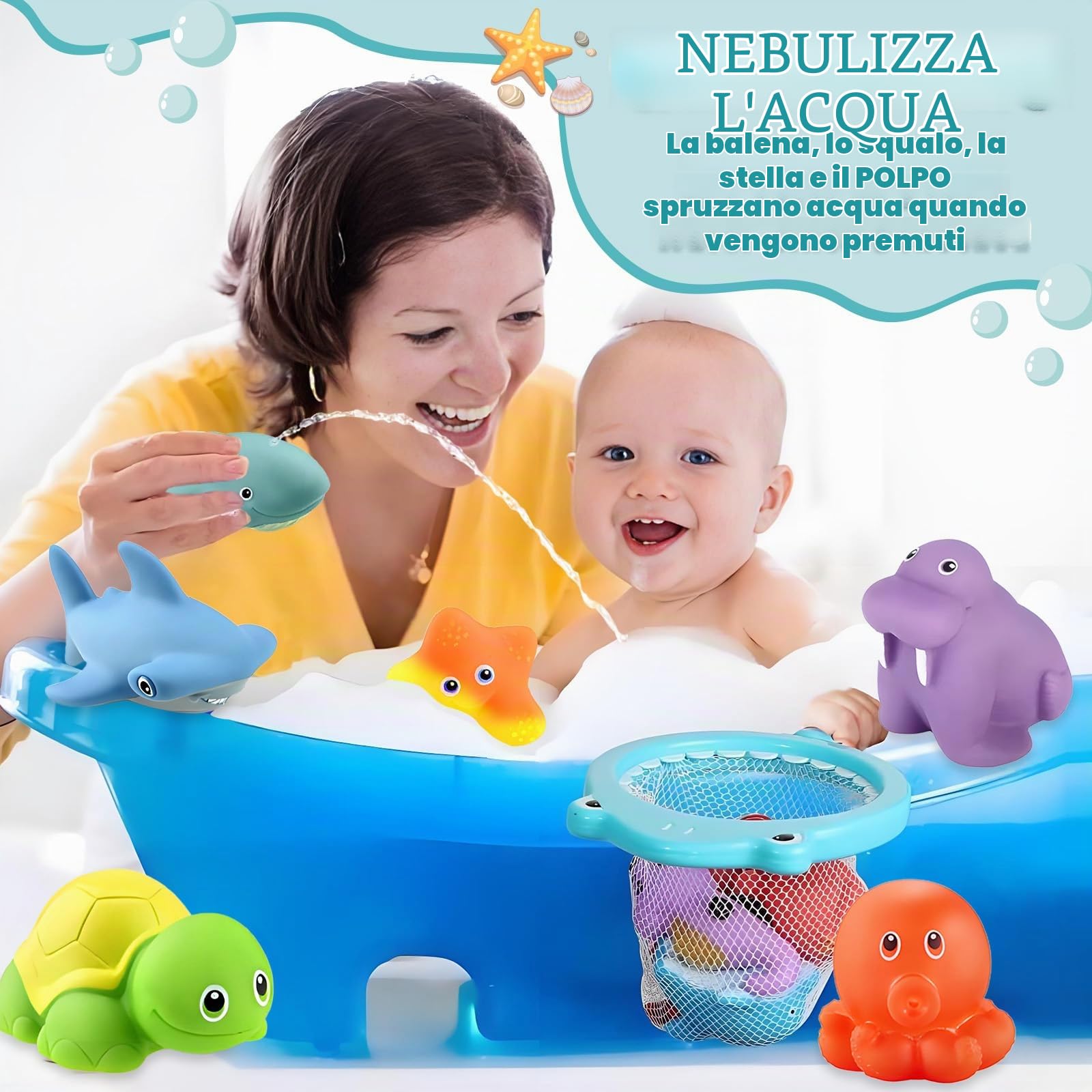 Giochi Bagnetto 8 Pezzi Giocattoli da Bagno per Bambini, Giochi Bagnetto Neonato, Giochi Vasca da Bagno Bambini Giochi Acqua Bagnetto Animali Giocattolo con Rete da Pesca e Borsa Portaoggetti