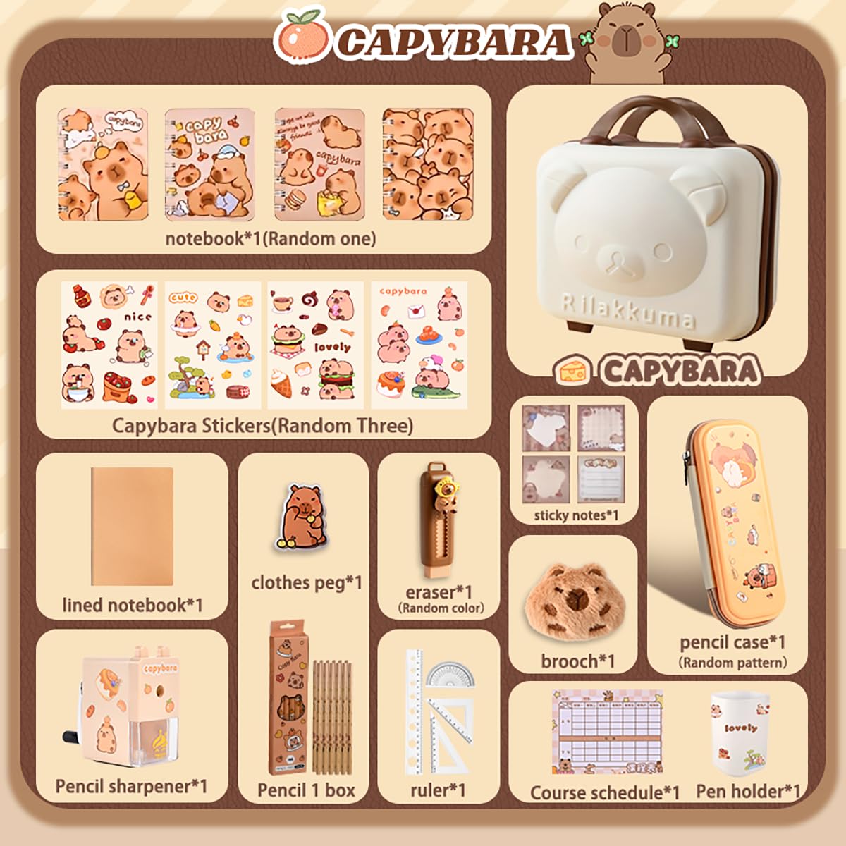 Set di cancelleria capibara, Astuccio per penne per studenti, Capybara stationery con matite, adesivi, temperamatite, Grazioso set regalo di cancelleria per bambini (B)