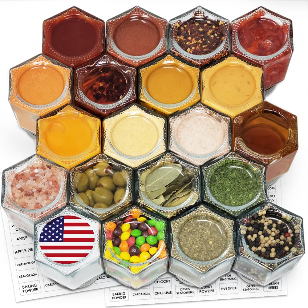 Juego de 20 tarros magnéticos grandes de 113.4 g para refrigerador, tarros de especias hexagonales de vidrio, tapas magnéticas, etiquetas de especias, contenedores de especias de vidrio magnéticos
