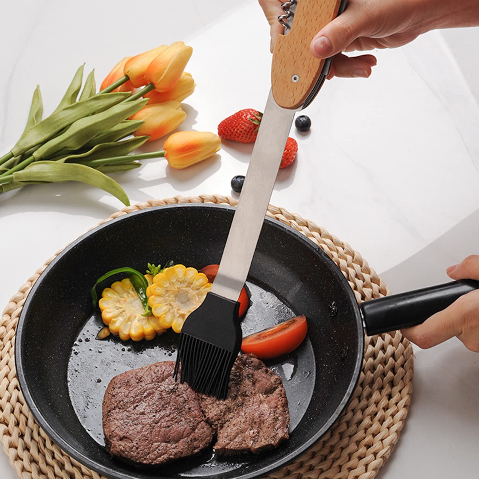 Wielofunkcyjne narzędzie do grillowania 5 w 1, szpatułka, szczotka, widelec, otwieracz do butelek, handel, przenośny, składany, ze stali nierdzewnej, zestaw Combo na podróż, kemping i piknik