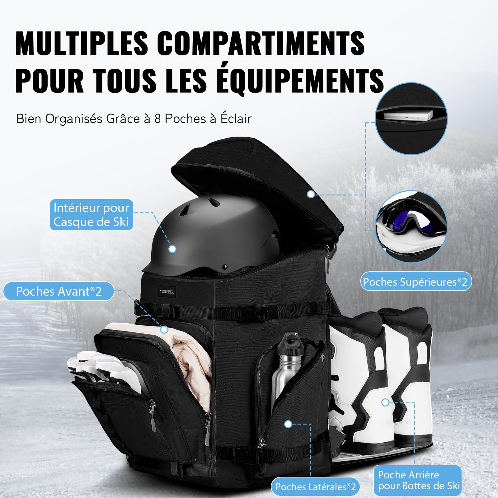 YOREPEK Sac à Dos Ski 65L Imperméable 8 Poches, Sac de Sport pour Bottes Casque Snowboard Skis, Noir