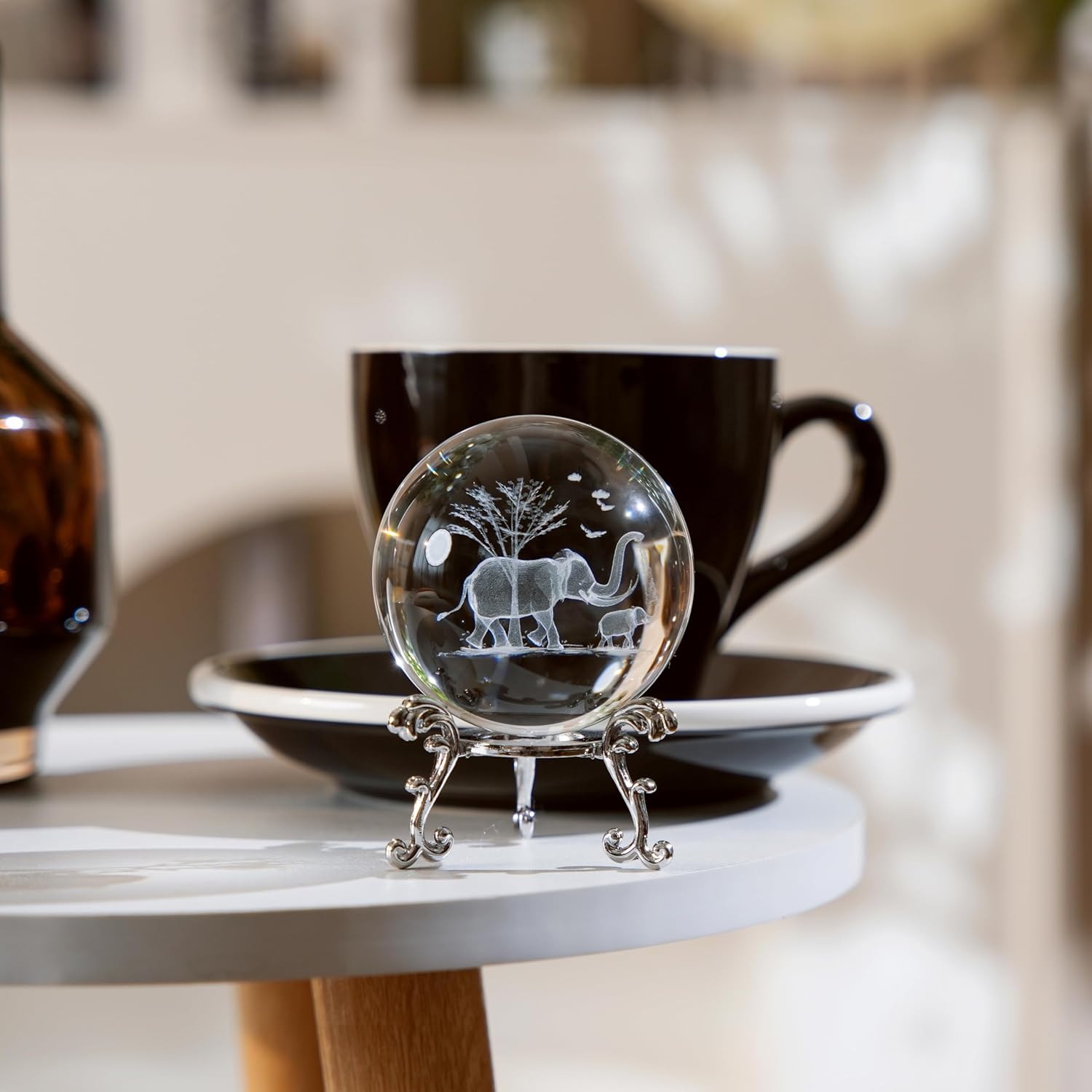 2.3in 3D Laser Engraved Mother Son Elephants Crystal Ball with Stand Elephant Figurine Glass Ball Decorative Sphere Table Decor Craft Paperweight - Image 2